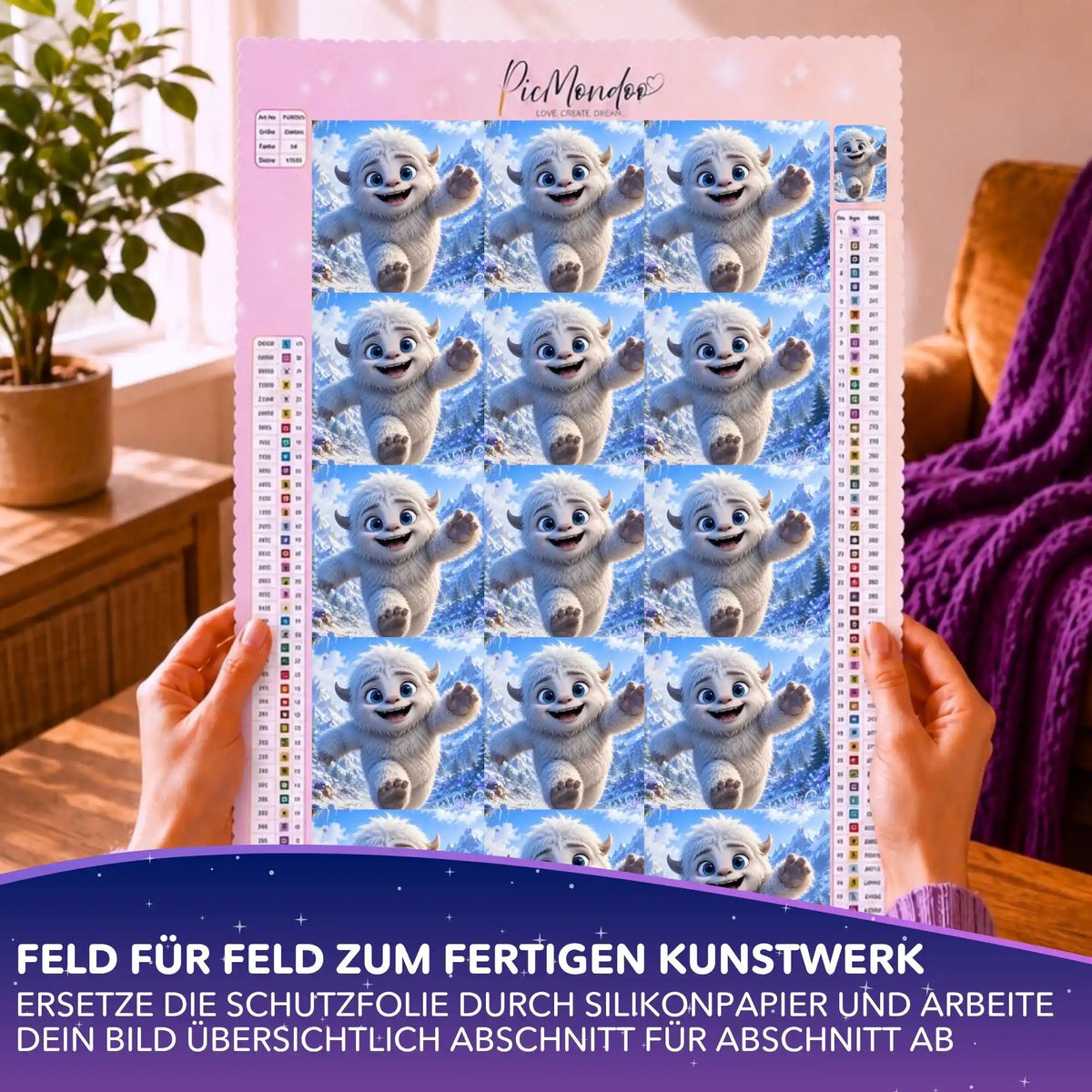 Picmondoo Silikonpapier Set für Diamond Painting auf Leinwand mit Yeti-Motiv Mitten ins Abenteuer