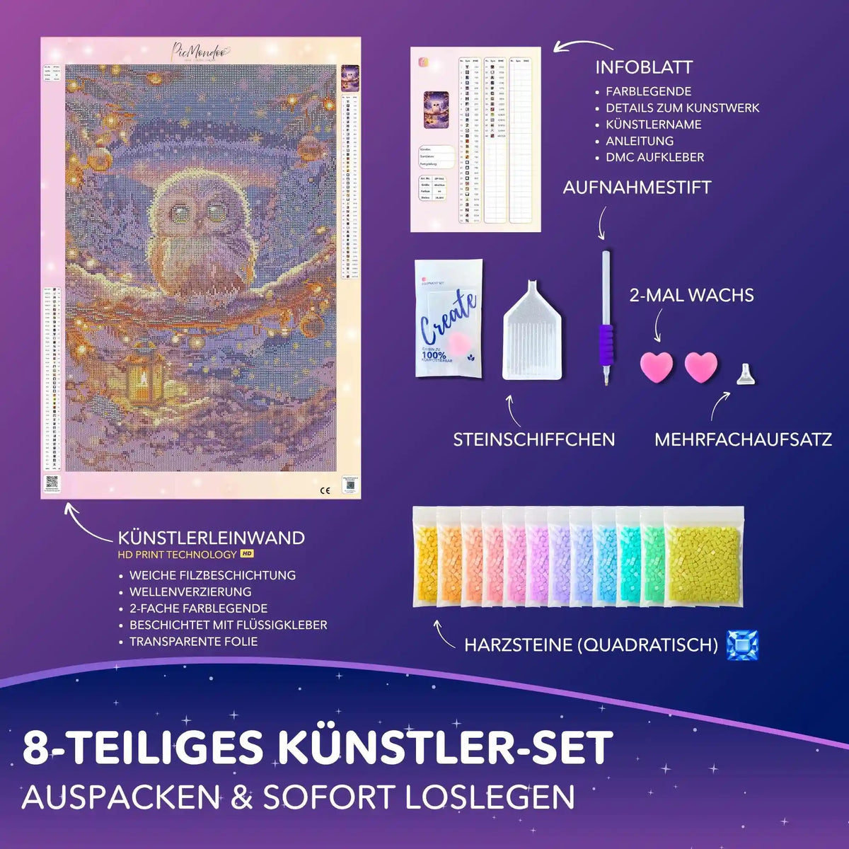 Picmondoo Diamond Painting Set Eule im Winter mit Künstler-Leinwand, Zubehör und bunten Steinen.