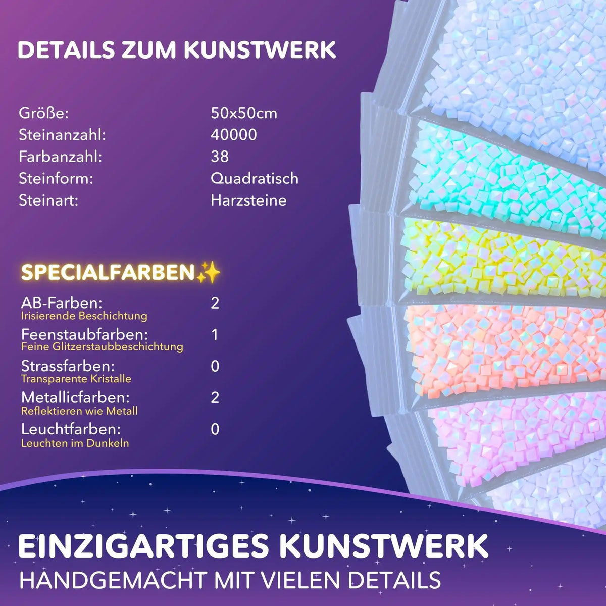 Picmondoo Diamond Painting Set Details mit bunten eckigen Glitzersteinen und Specialfarben