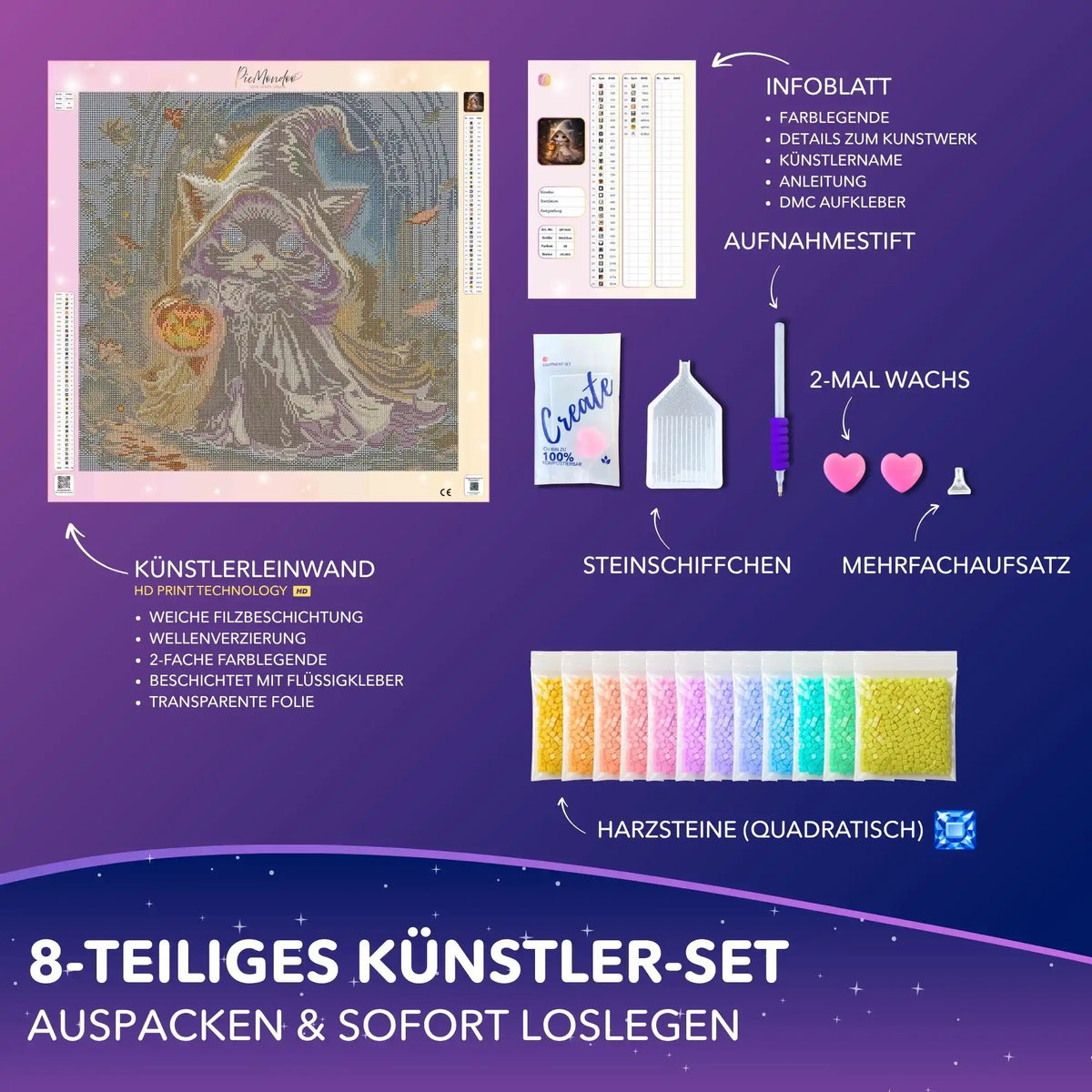 Diamond Painting Set Halloween Katze mit Kürbis: Leinwand, eckige Steine und Bastelwerkzeug