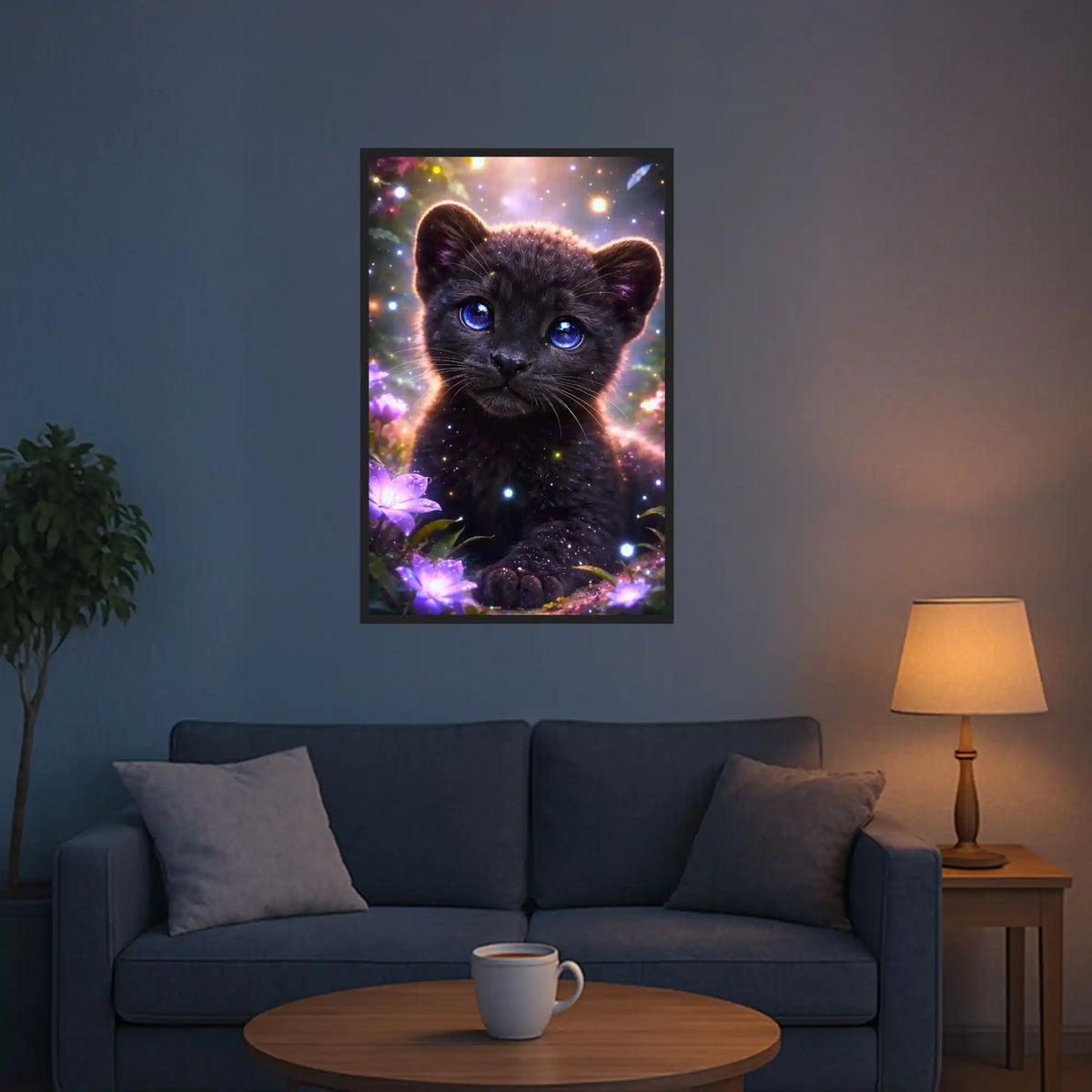 Diamond Painting Schwarzer Panther Baby mit blauen Augen und leuchtenden Blumen als Wandbild im Wohnzimmer
