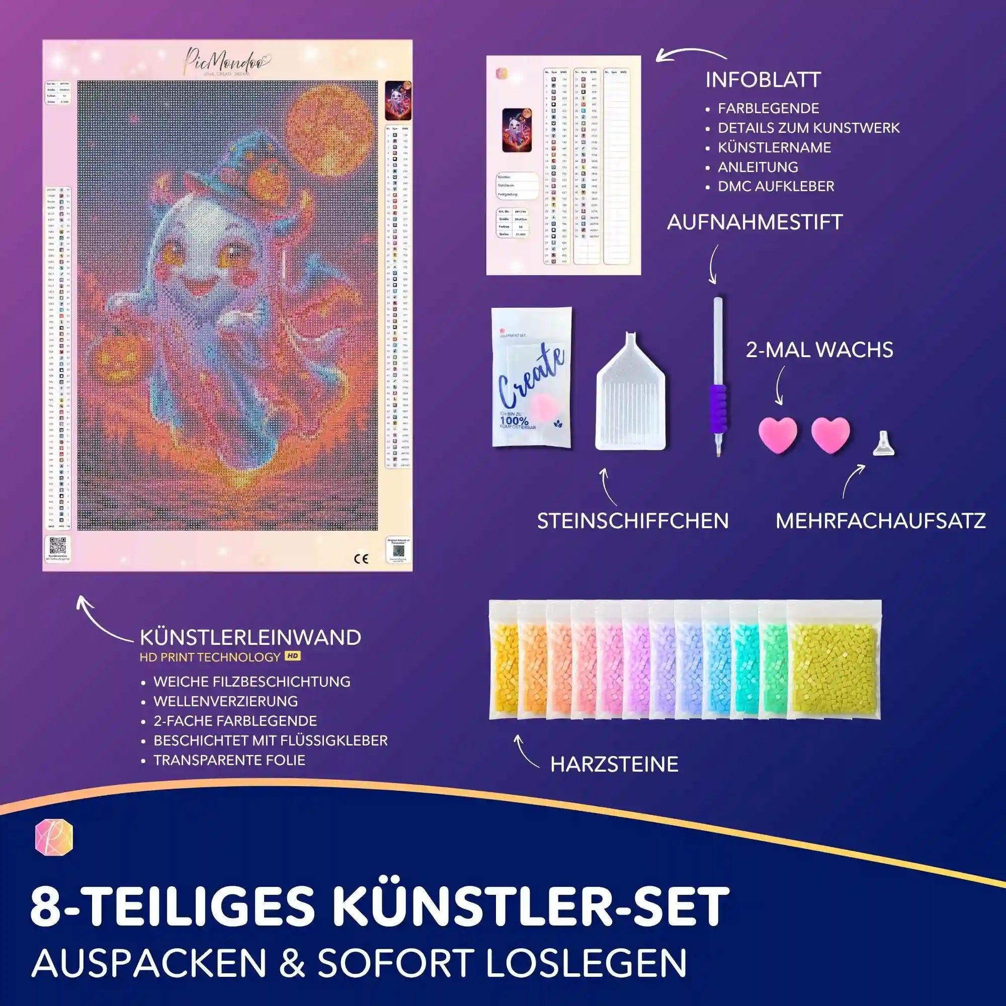 Diamond Painting Set Die Nacht darf lachen mit süßem Geist und Kürbis, inklusive Leinwand, AB-Steinen und Zubehör.
