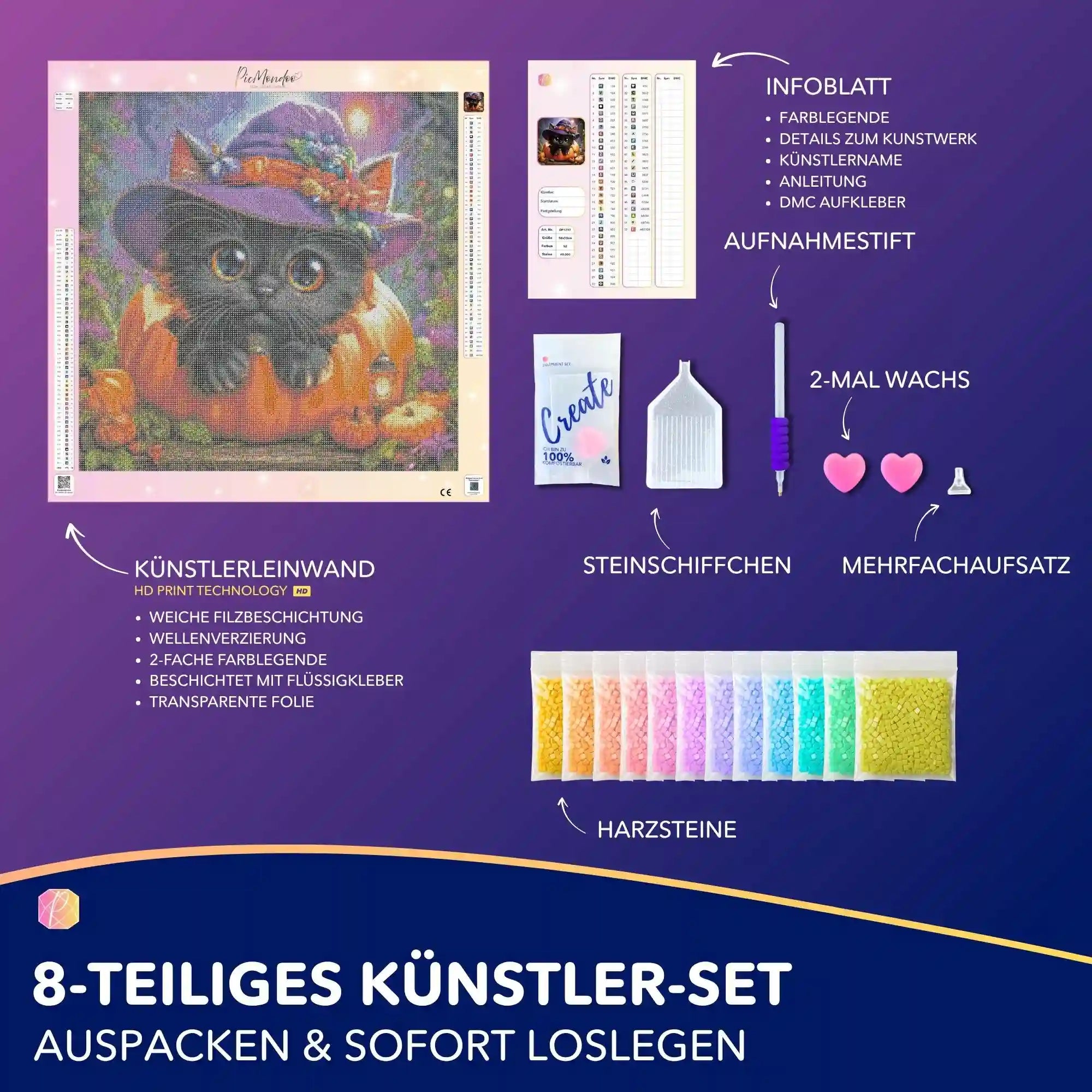 Diamond Painting Set Herbstpfötchen mit süßer Katze im Kürbis, inklusive Leinwand, Glitzersteinen und Zubehör.