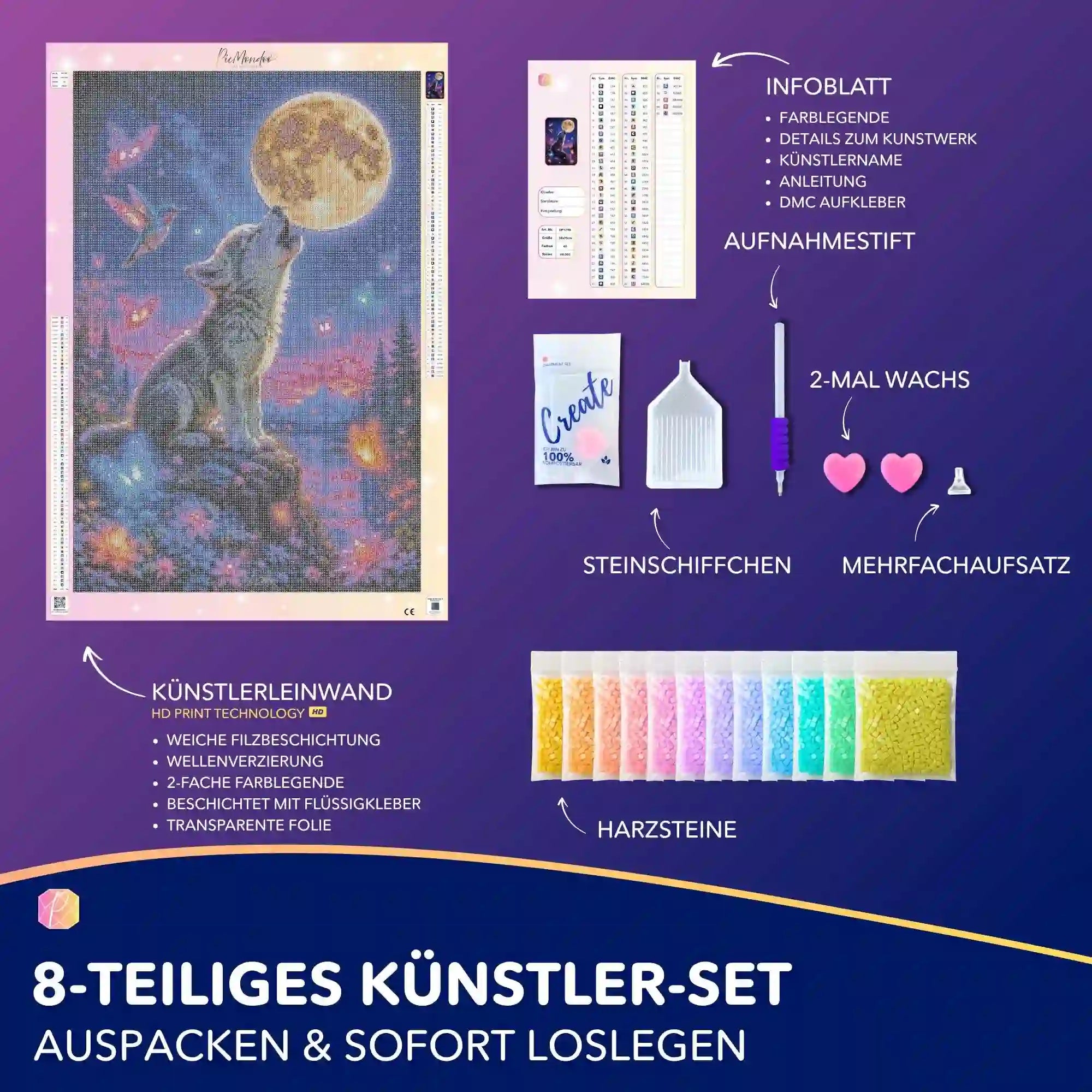 Diamond Painting Set Bis der Mond antwortet mit Wolf, Mond und Schmetterlingen inklusive Zubehör für dein DIY-Kunstwerk