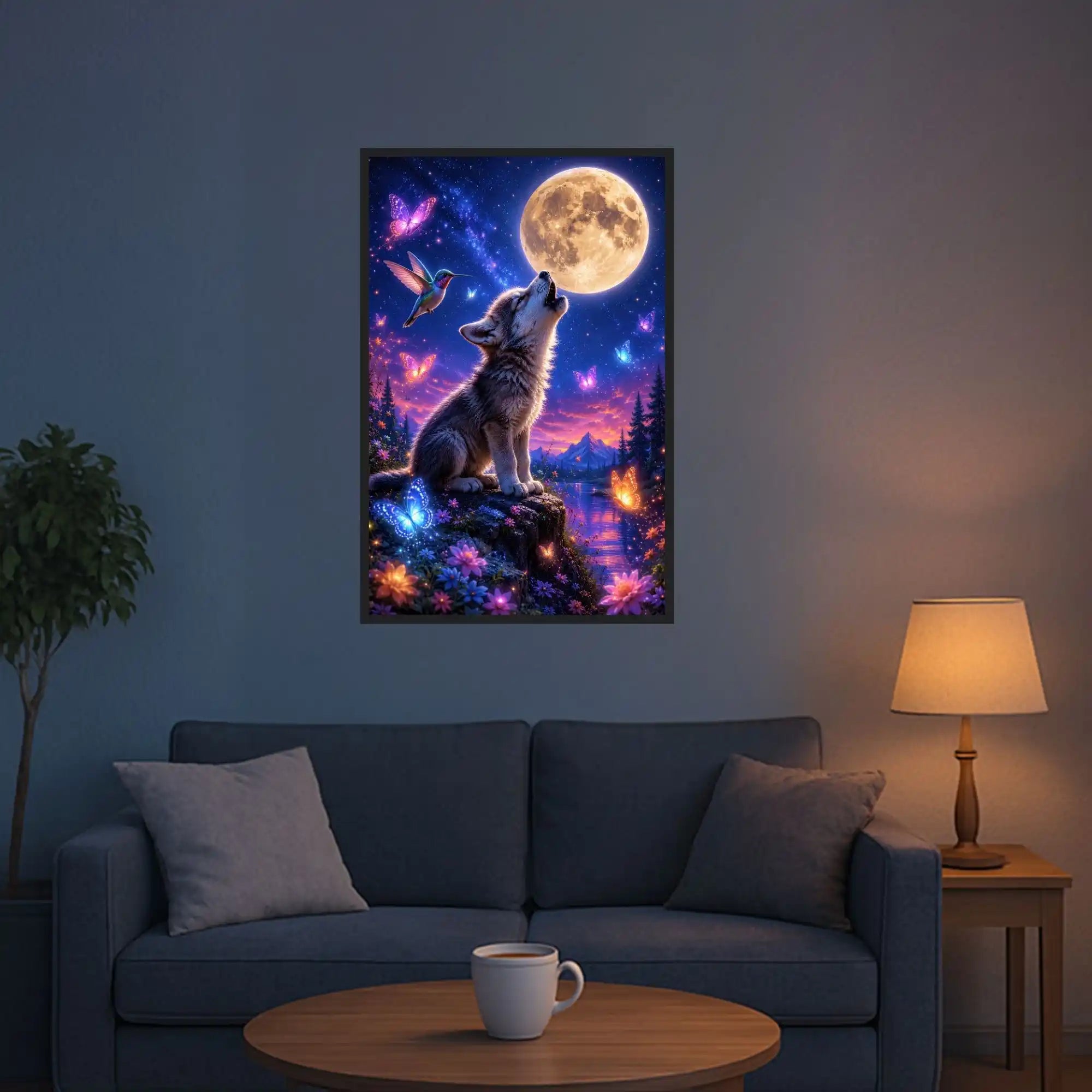 Diamond Painting Set Wolfwelpe heult Vollmond an, umgeben von Schmetterlingen und magischer Naturlandschaft in Nachtfarben