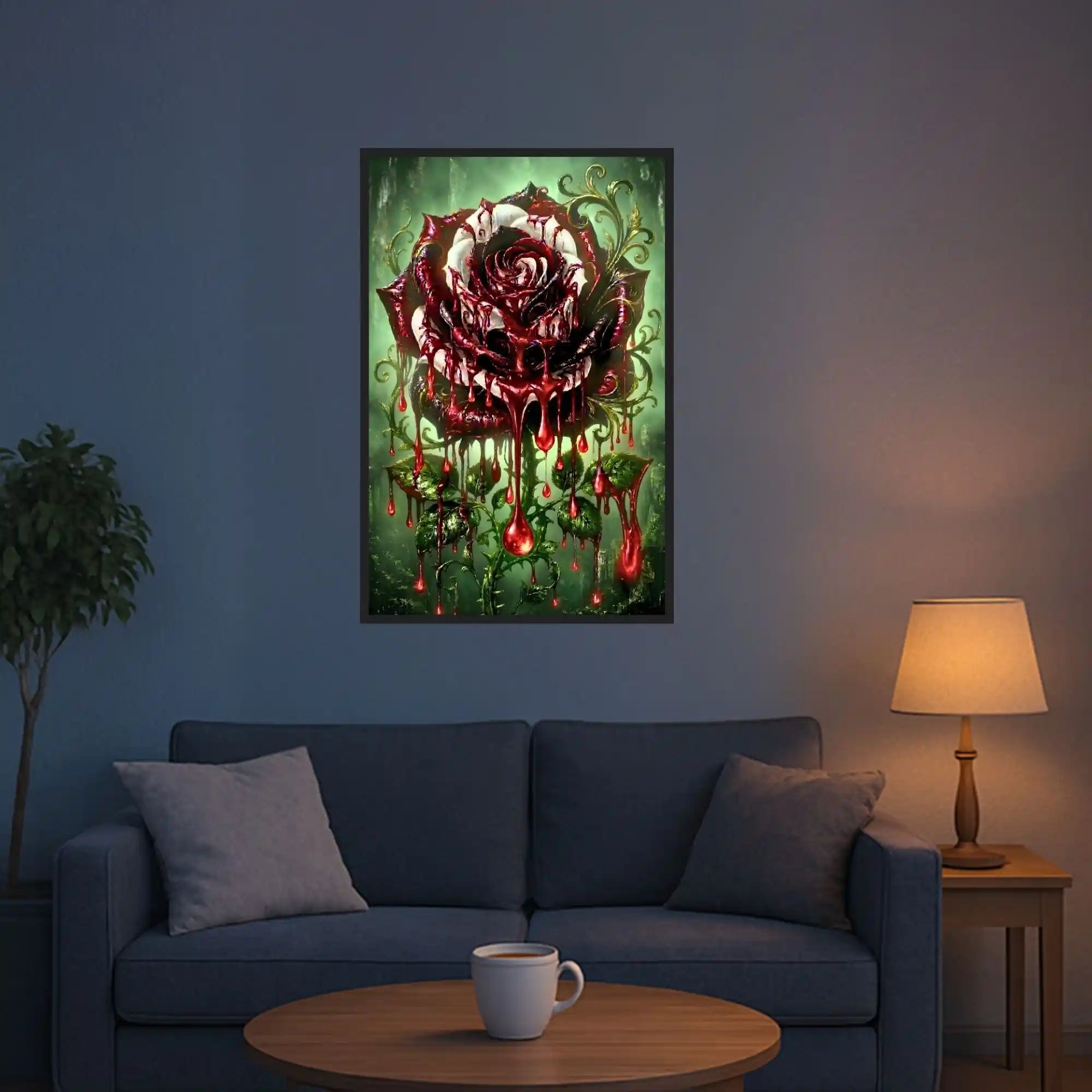 Diamond Painting Set mit magischer roter Rose Motiv Die Farbe des Loslassens an einer Wohnzimmerwand