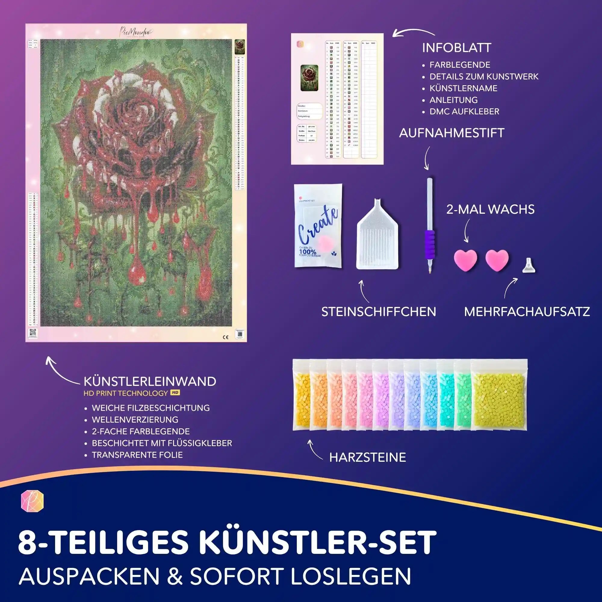Diamond Painting Set mit roter Rose als Motiv, inklusive Leinwand, Glitzersteinen und Zubehör für DIY-Kunstwerke.