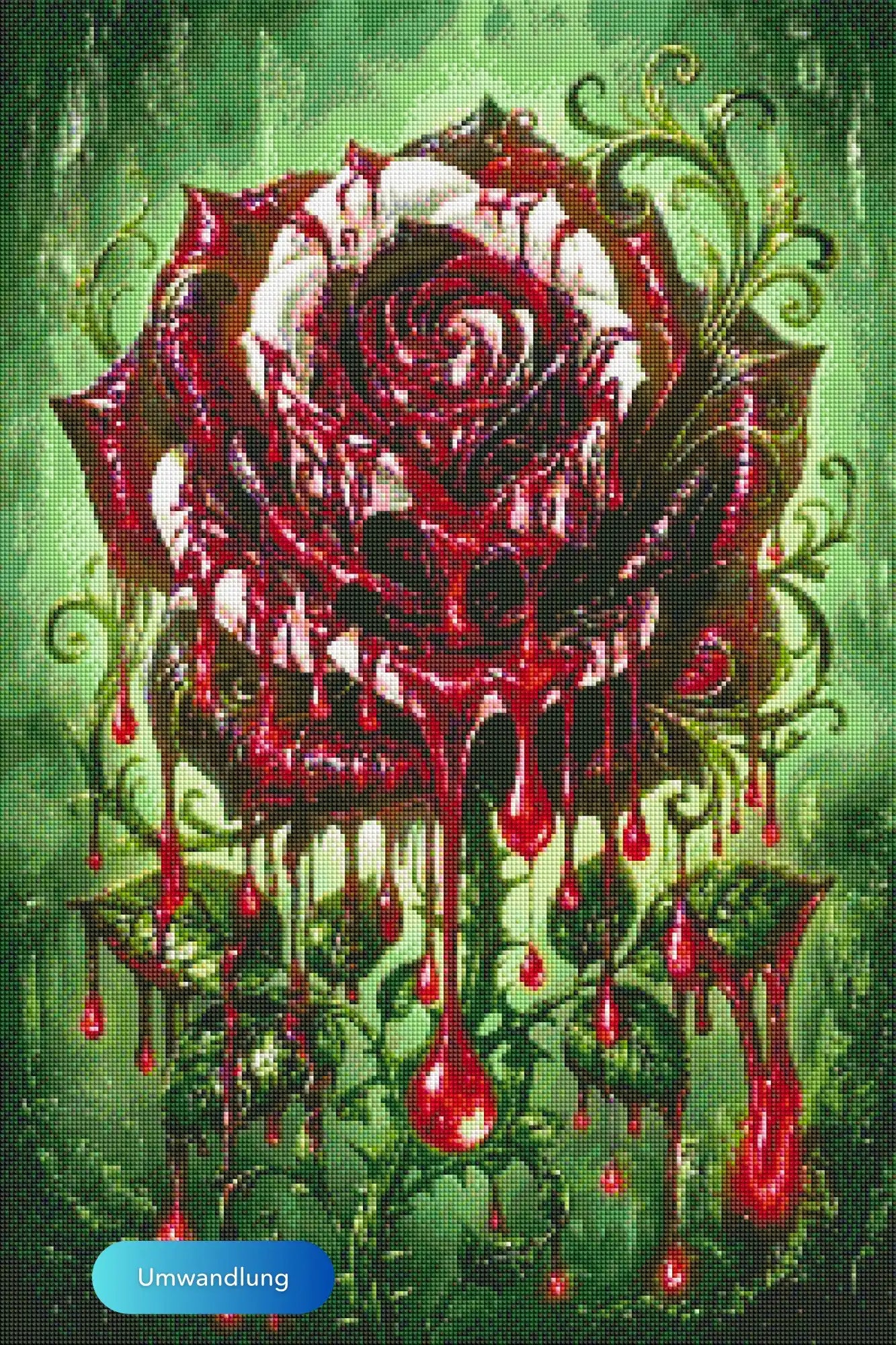 Diamond Painting Set mit roter Rose als magisches Blumenmotiv, detailreich gestaltet mit glitzernden Steinen auf Leinwand.