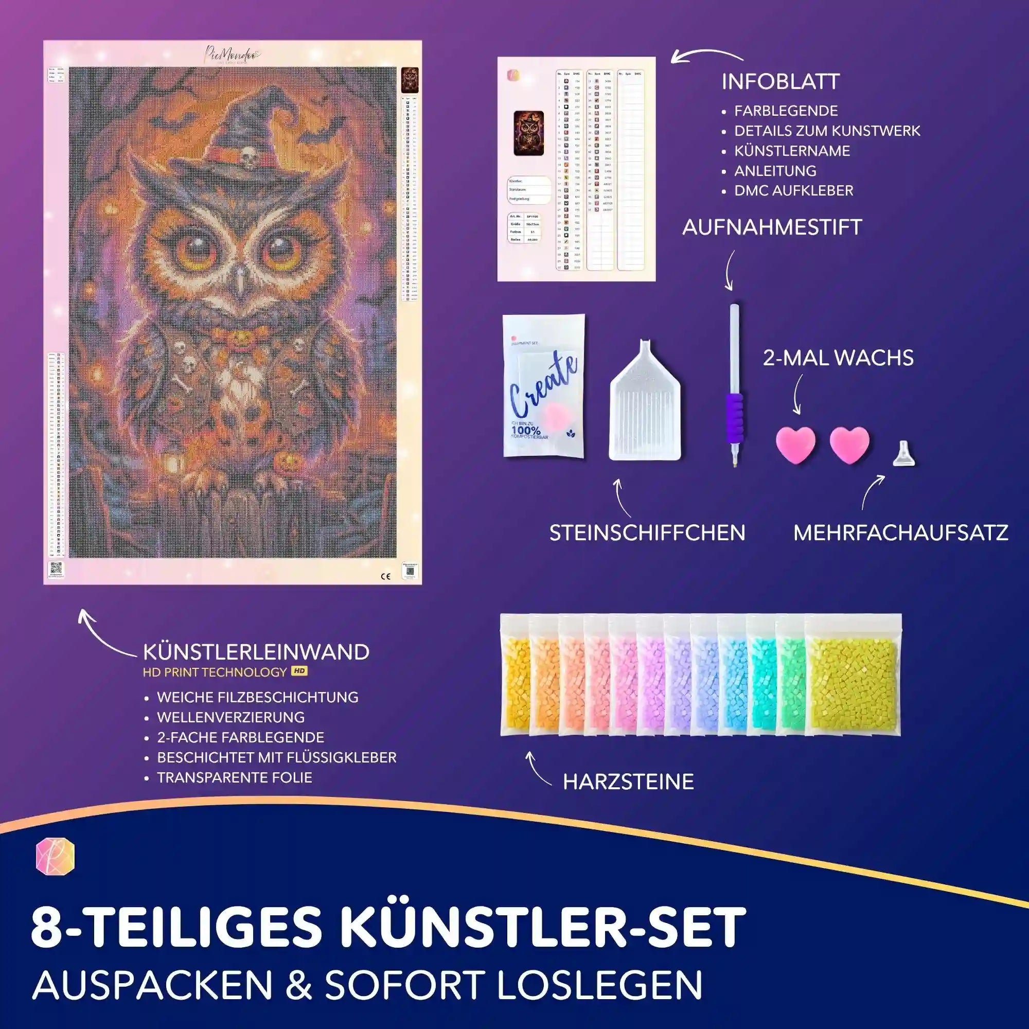 Diamond Painting Set Wächter der Kürbisnacht mit Eulenmotiv, Leinwand, bunten Harzsteinen und Zubehör für DIY-Kunst