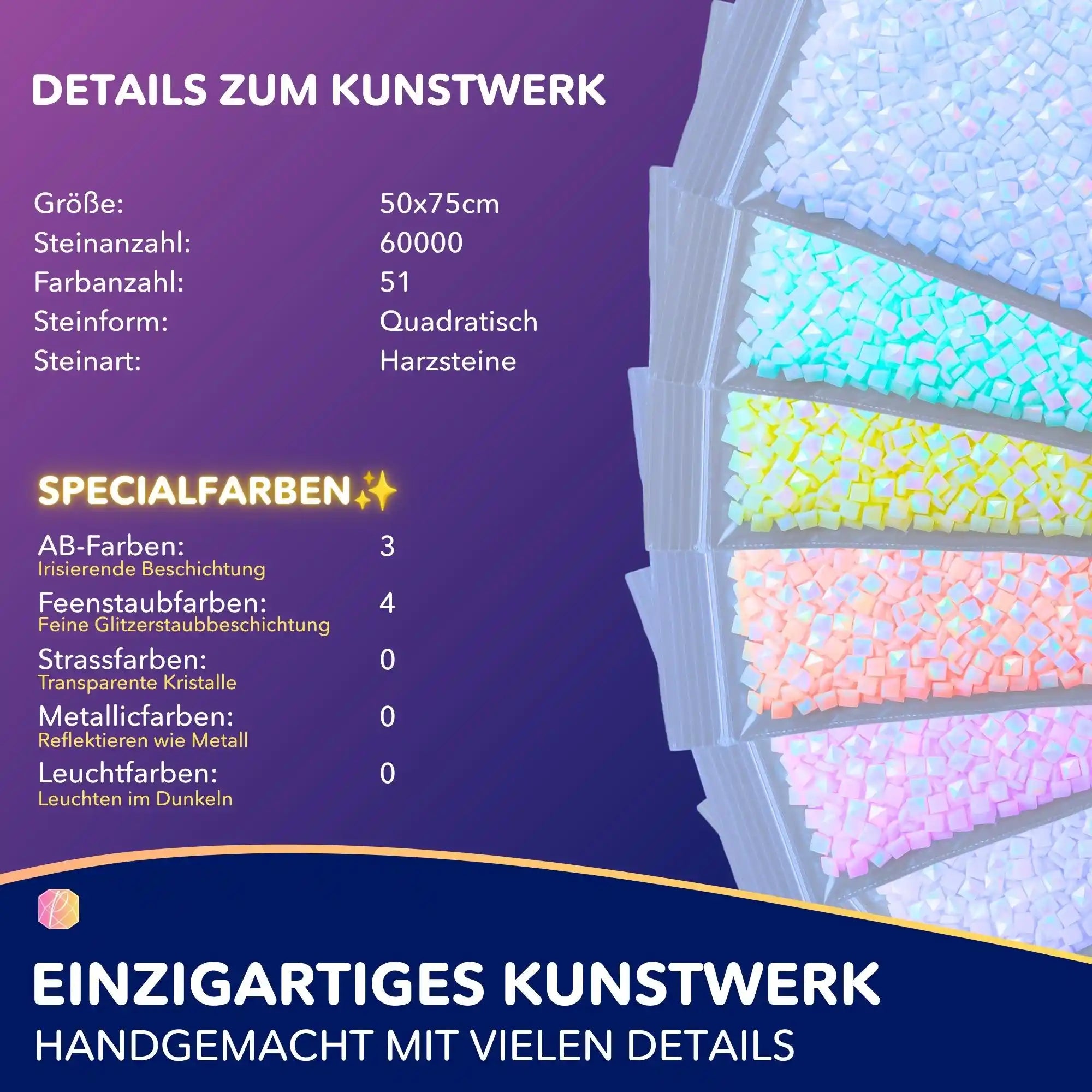 Diamond Painting Set Wächter der Kürbisnacht: Produktdetails mit quadratischen Harzsteinen und Special-Farben im Überblick.