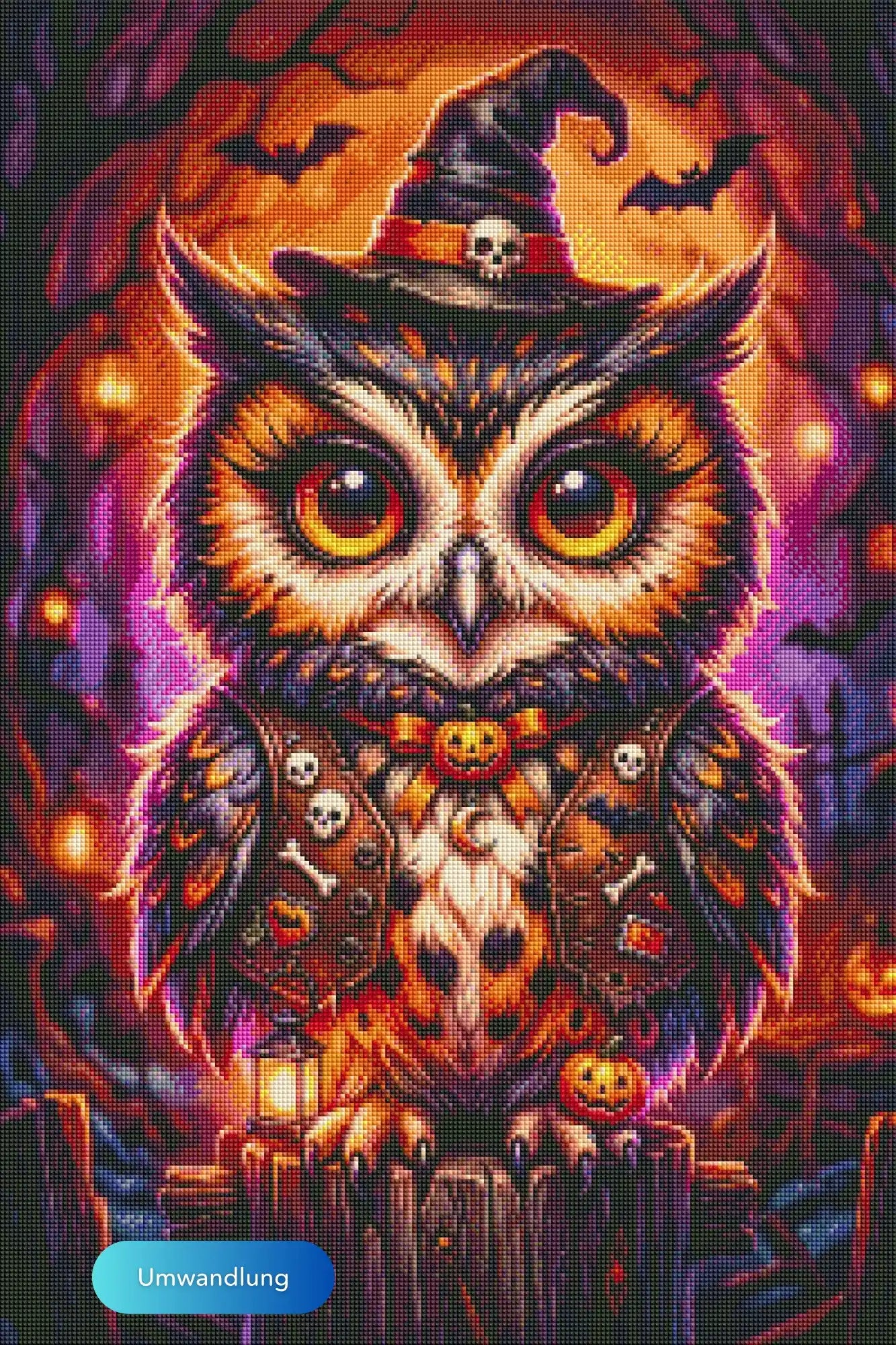 Diamond Painting Eule im Halloween-Design mit Kürbissen, Totenköpfen und Laternen in nächtlicher Waldkulisse.