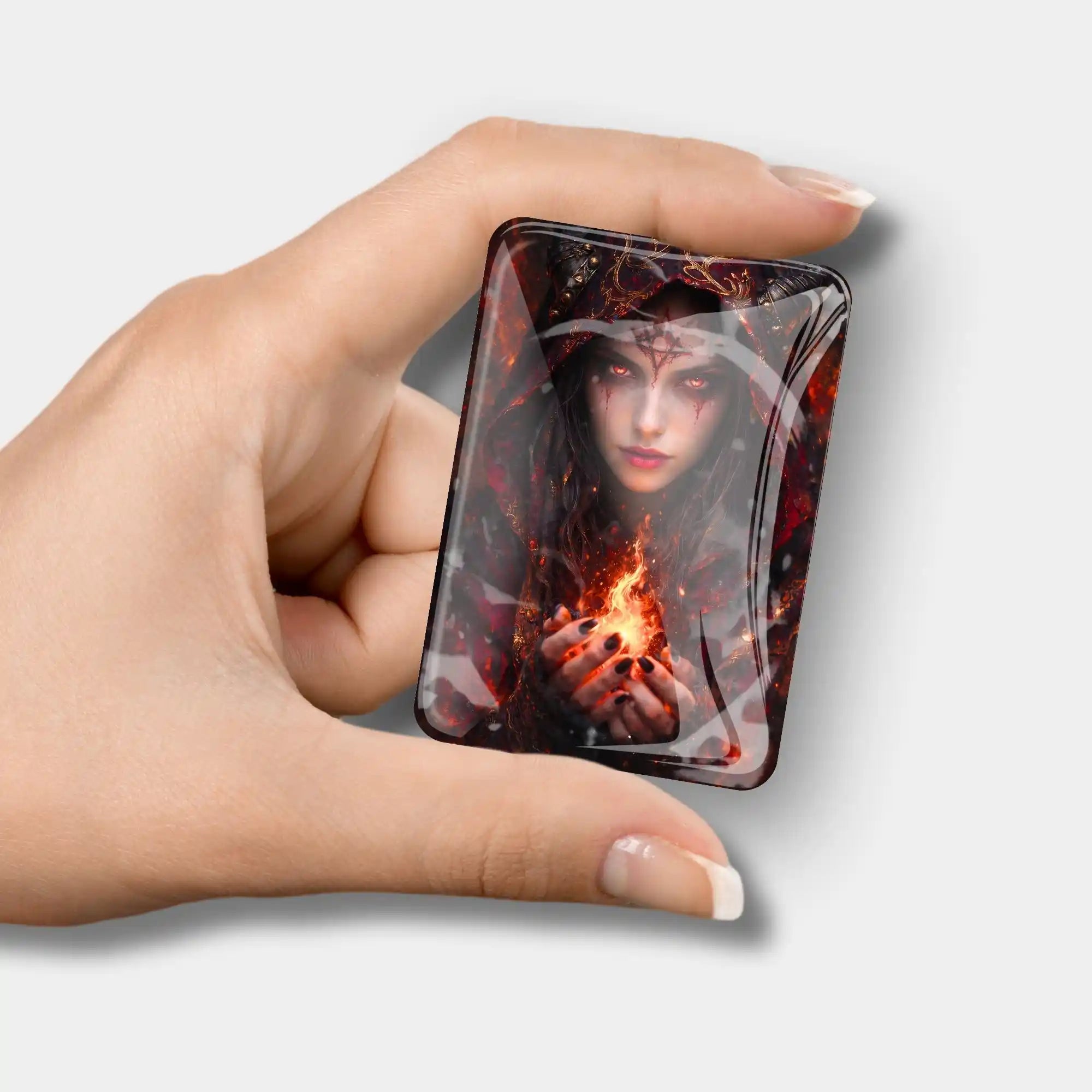 Magischer Lilith Cover Minder aus Glas für Diamond Painting mit feurigem Motiv und starkem Magneten