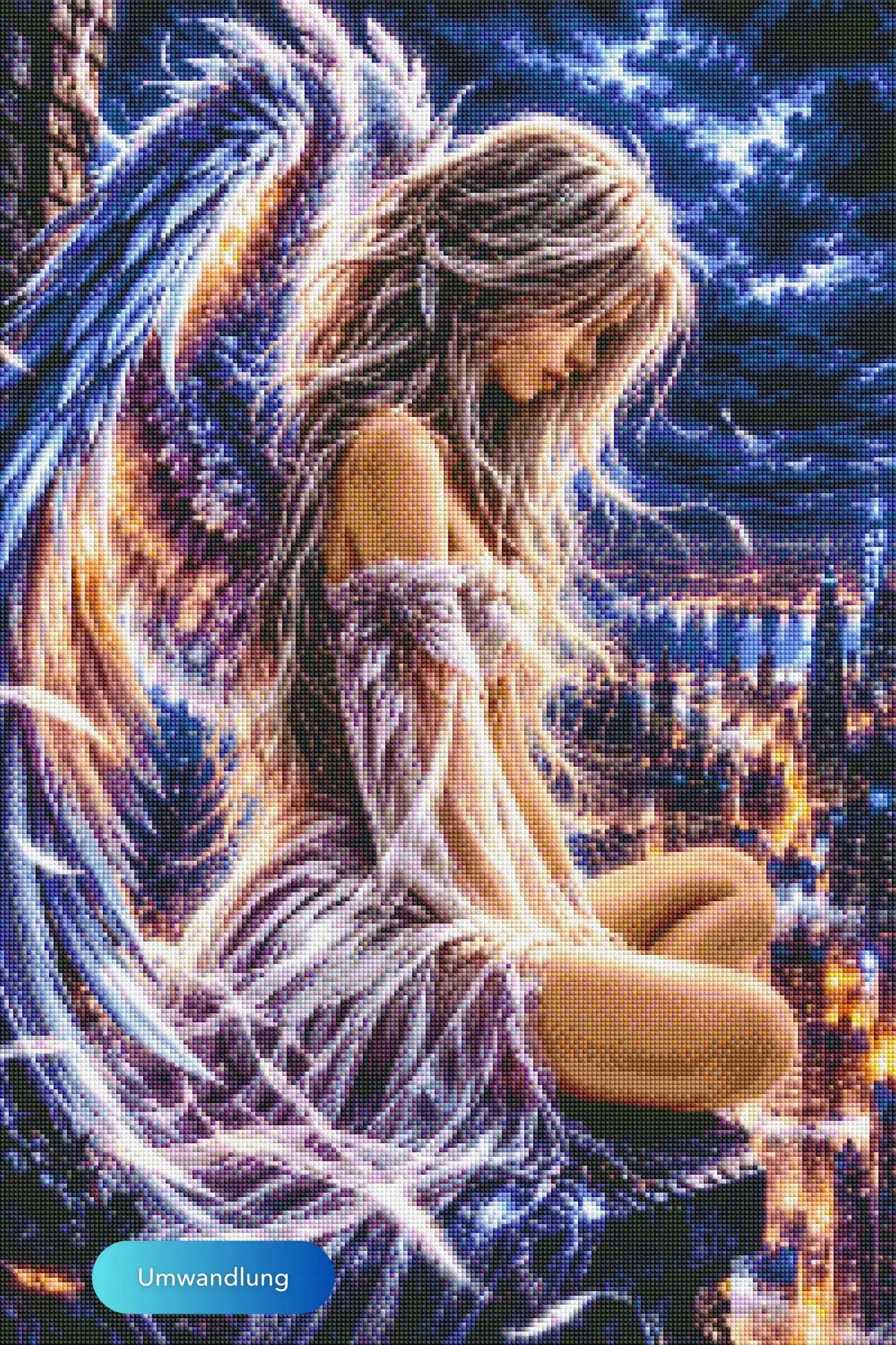 Diamond Painting mit Fantasy-Motiv: Ein Engel mit großen Flügeln über einer nächtlichen Stadtlandschaft.