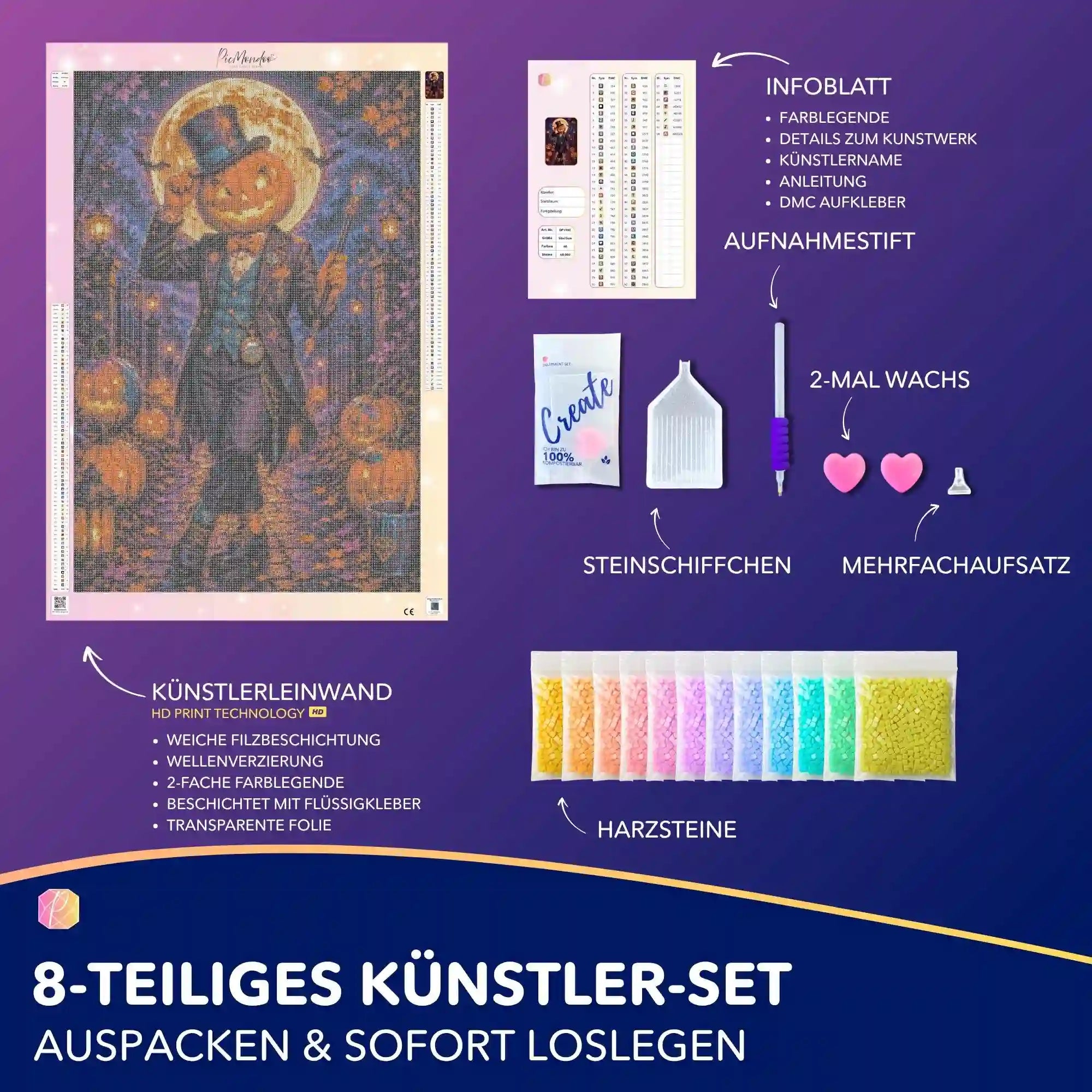 Diamond Painting Set Herbstnacht mit Halloween-Kürbismann, Leinwand, bunten Harzsteinen und komplettem Zubehör