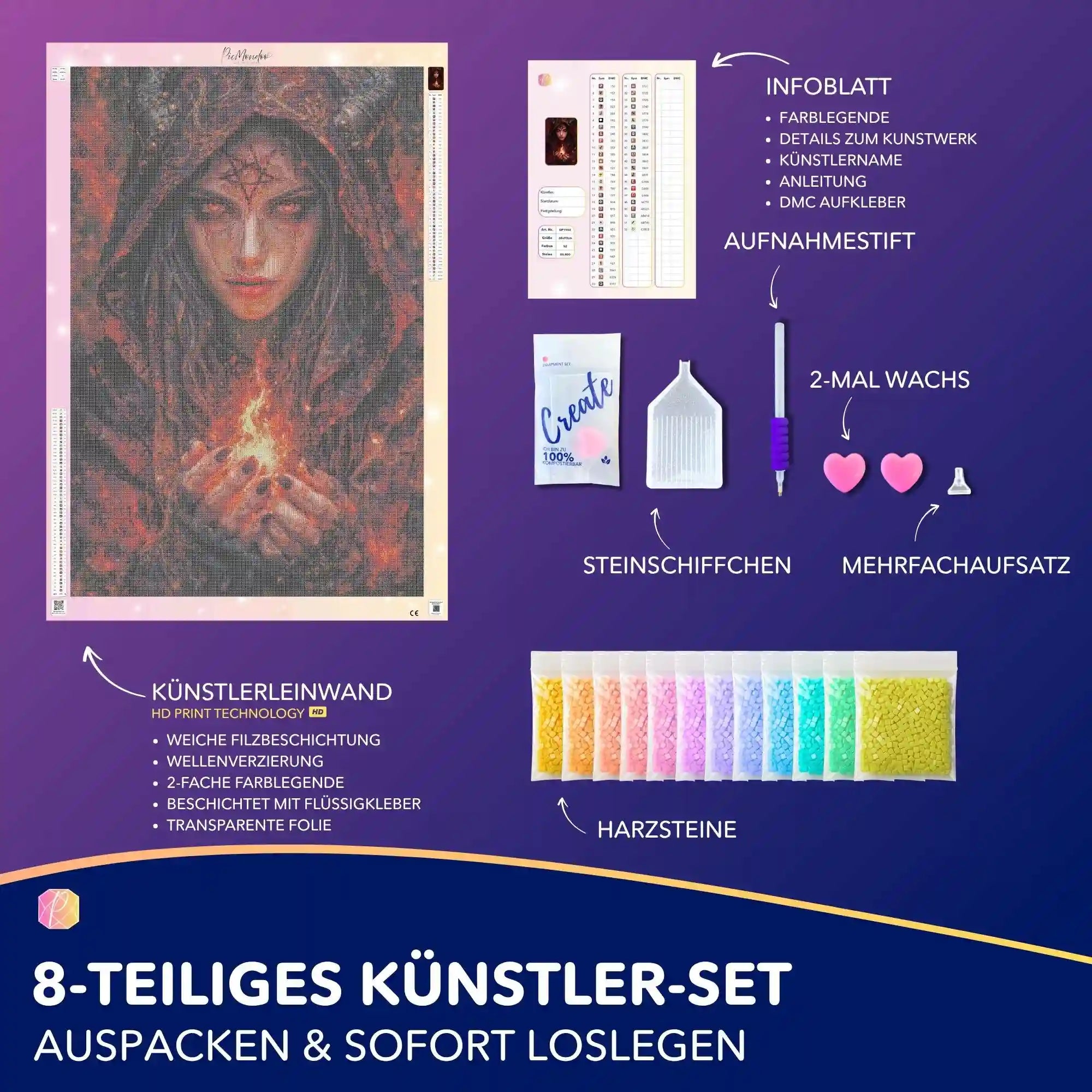 XXL Diamond Painting Set Lilith mit mystischem Feuer-Motiv, inklusive Leinwand, bunten Harzsteinen und Zubehör-Tool-Kit.