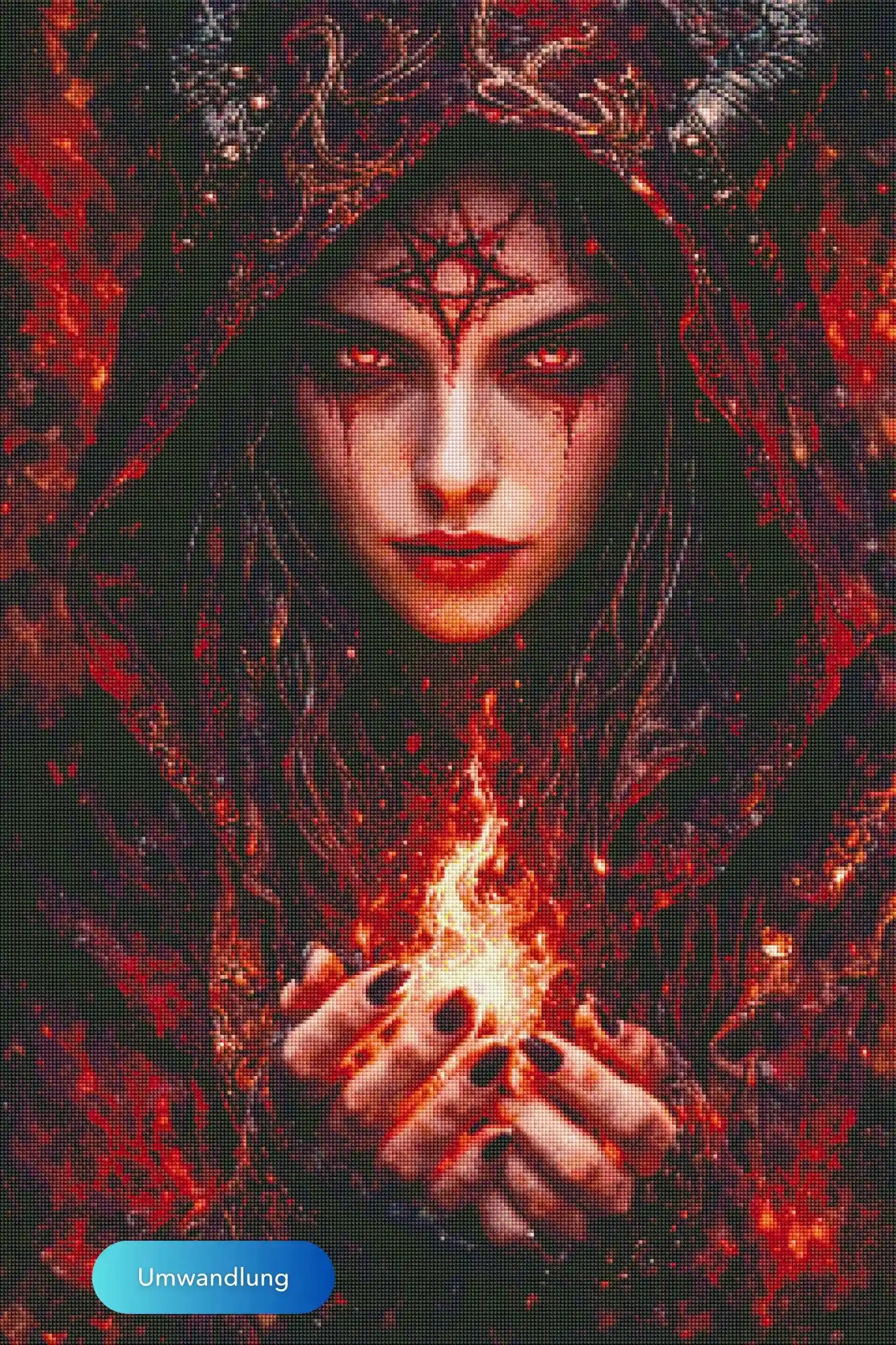 XXL Diamond Painting Set mystische Frau mit Kapuze, leuchtenden roten Augen und Feuermagie im gotischen Fantasy-Stil.
