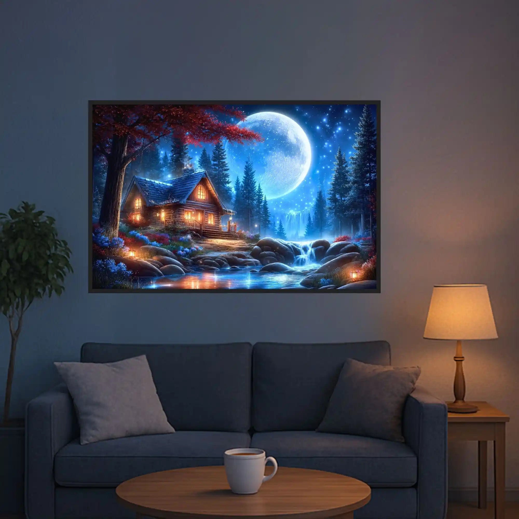 XXL Diamond Painting Set: Märchenhaftes Waldhaus am Wasserfall bei Vollmond und Sternenhimmel im Wohnzimmer