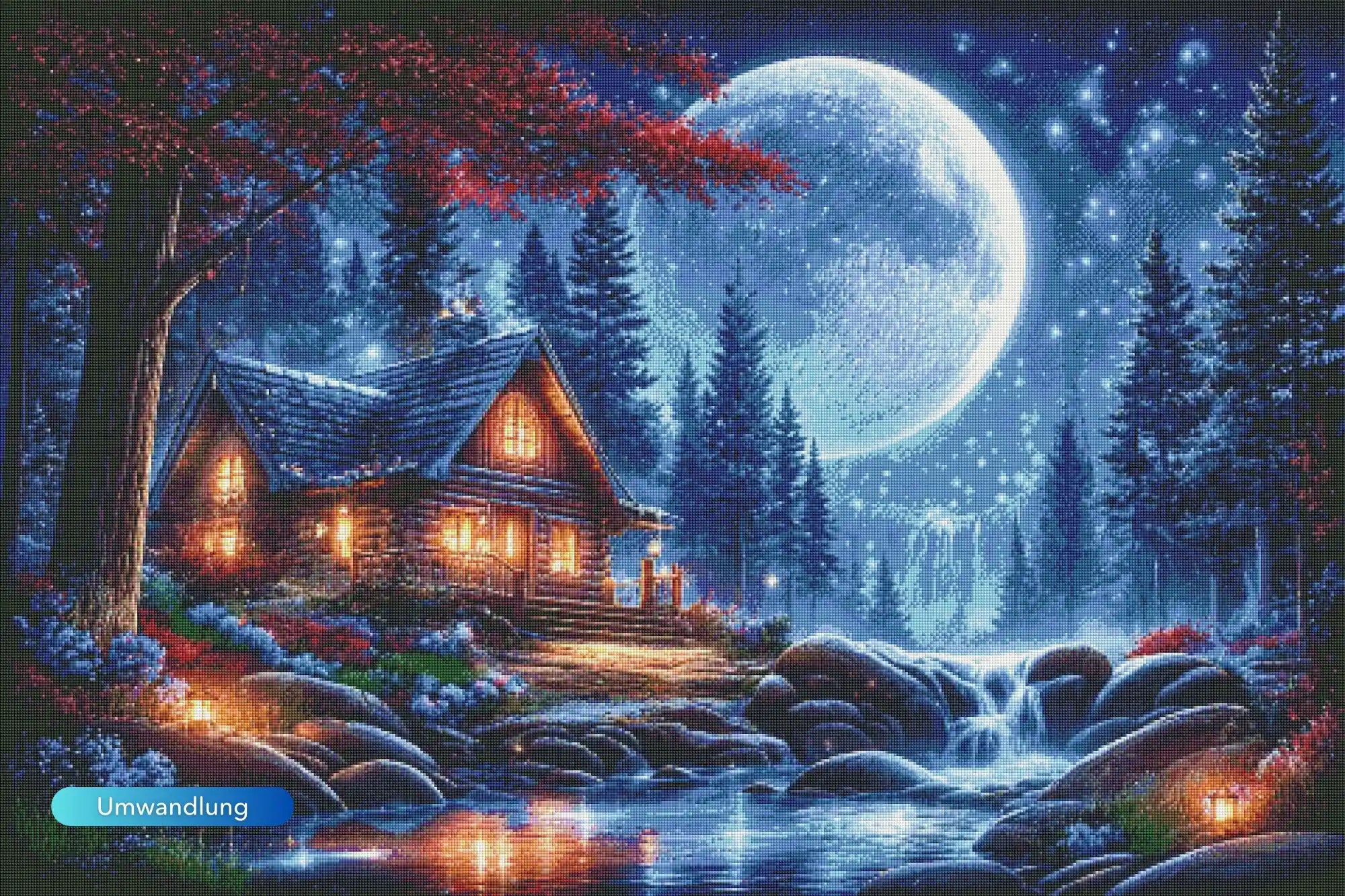 XXL Diamond Painting eines magischen Waldhauses am glitzernden Wasserfall bei Vollmond und Sternenhimmel