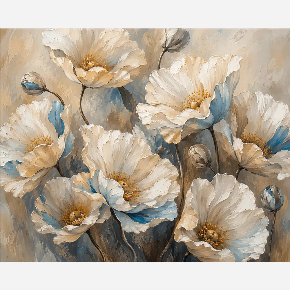 Malen nach Zahlen für Erwachsene: Blüten im Licht mit weißen Blumen, goldenen Akzenten und blauem Schatten auf Beigeton.