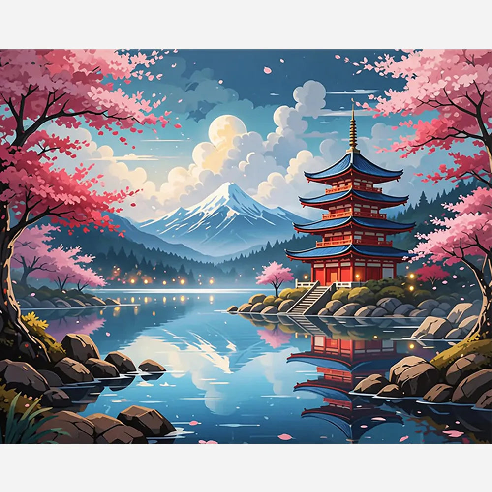 Malen nach Zahlen für Erwachsene: Japanische Pagode am See mit Fuji, Kirschblüten und Mondschein als DIY-Set