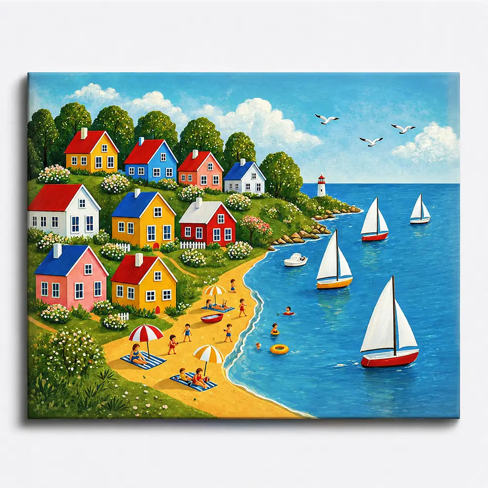 Malen nach Zahlen für Erwachsene: Bunte Küstenhäuser, goldener Sandstrand und Segelboote am Meer als DIY-Set