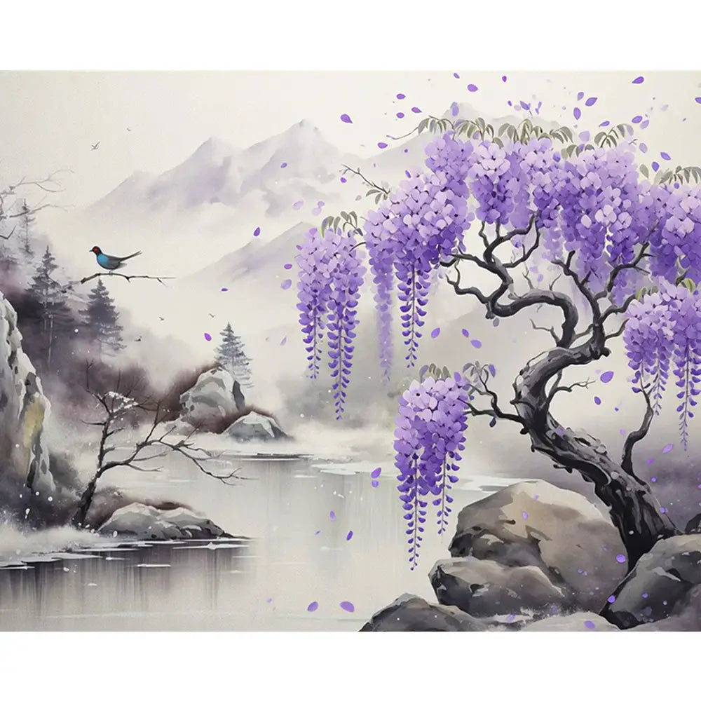 Malen nach Zahlen für Erwachsene Motiv Blüten im Nebel mit violettem Baum, Bergen und Vögeln für kreative Stunden.