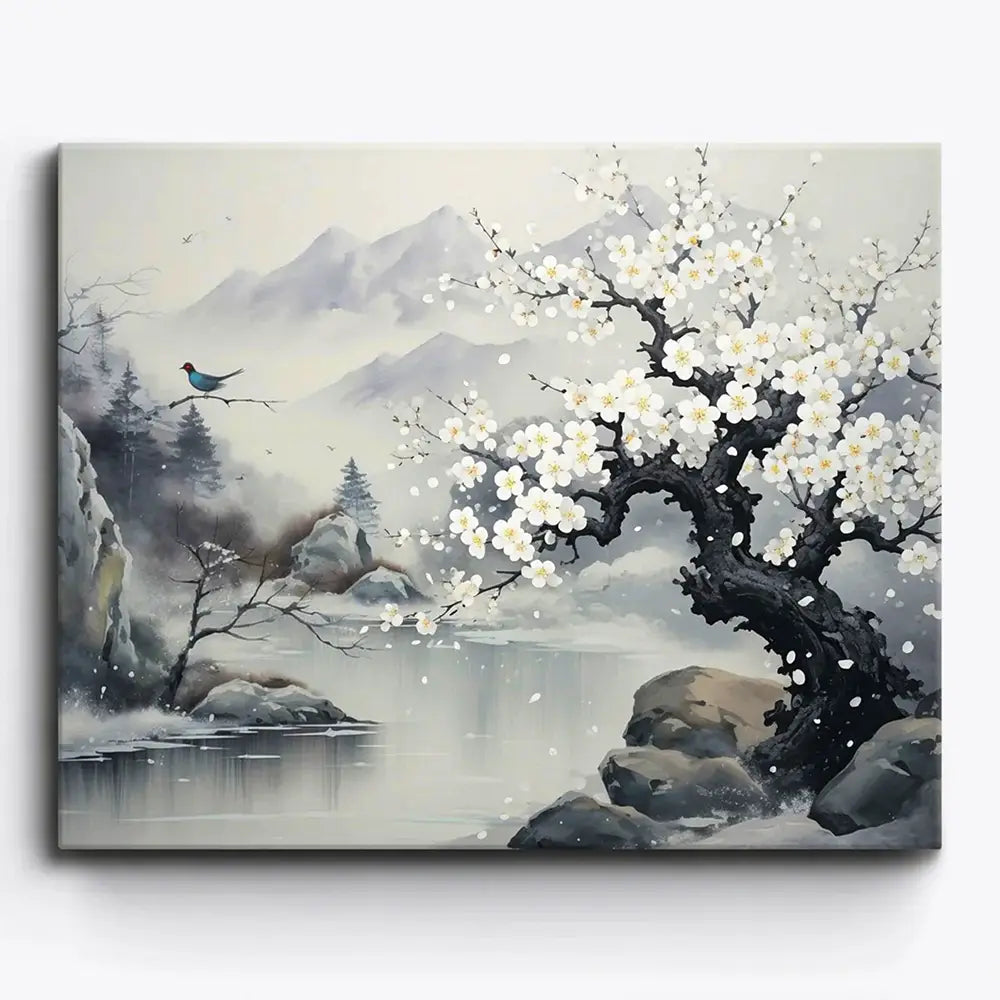 Malen nach Zahlen für Erwachsene Motiv Glanz der Natur mit knorrigem Baum, weißen Blüten und Berglandschaft am See
