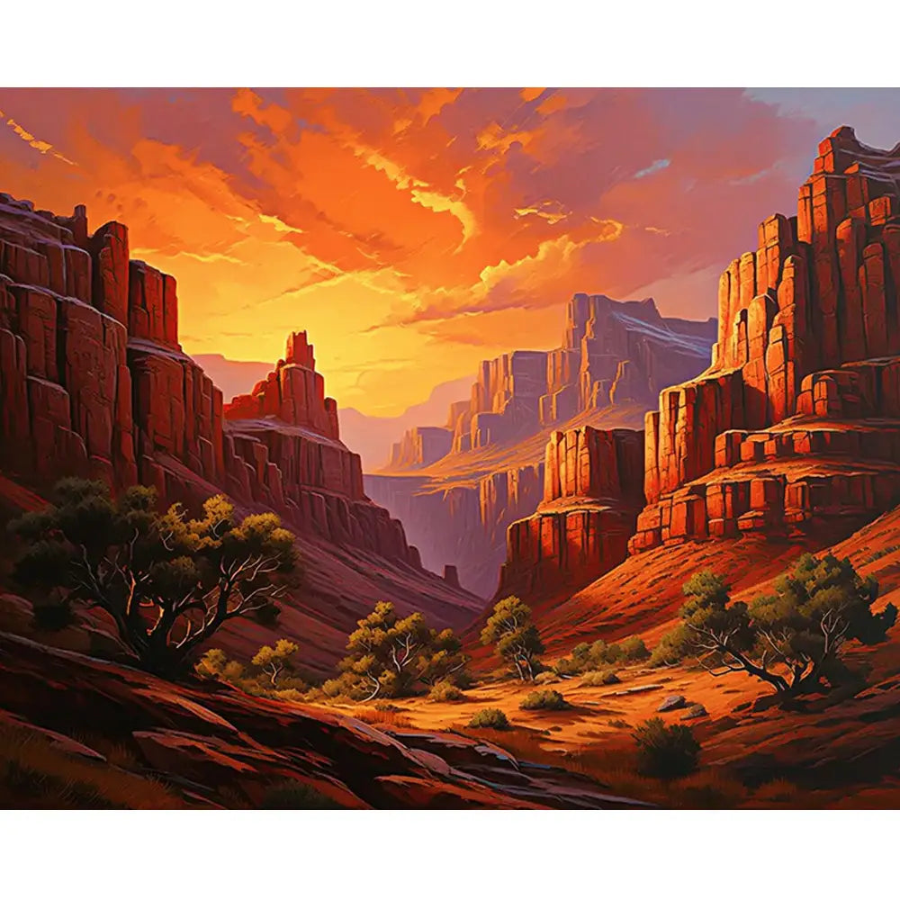 Malen nach Zahlen für Erwachsene Motiv Flammender Canyon mit Felsformationen und feurigem Sonnenuntergang in Orange