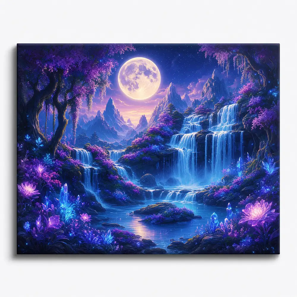 Malen nach Zahlen für Erwachsene: Magischer Wasserfall mit Vollmond, violetten Blumen und leuchtenden Kristallen