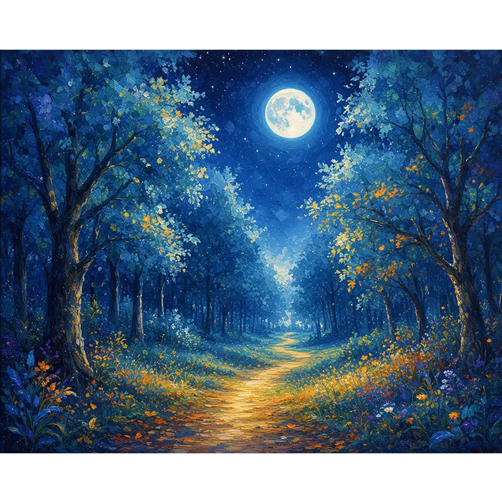 Malen nach Zahlen für Erwachsene: Nacht im Blaulicht mit leuchtendem Waldpfad, Vollmond und blau-goldenen Akzenten.