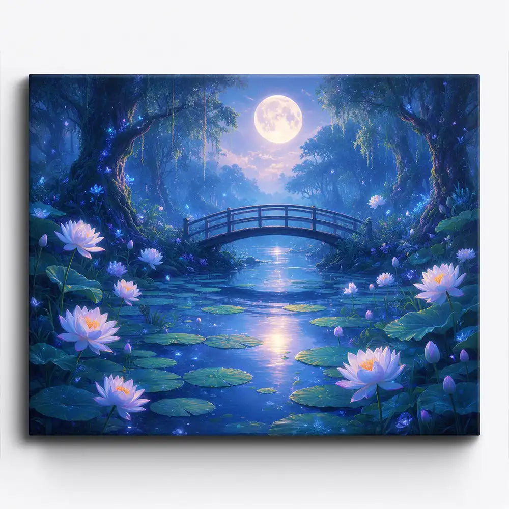 Malen nach Zahlen Erwachsene: Mondschein-Motiv mit Holzbrücke, Seerosen und Vollmond auf blauem Wasser.