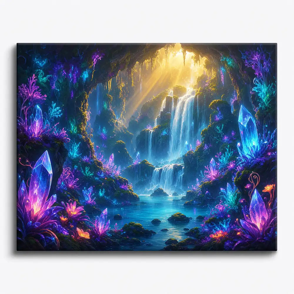 Malen nach Zahlen für Erwachsene Motiv Magische Unterwelt mit leuchtenden Kristallen, Wasserfall und goldenem Licht.