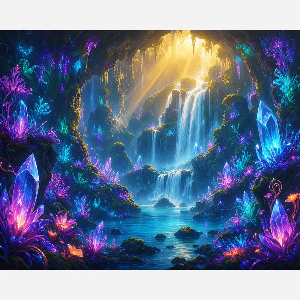 Malen nach Zahlen für Erwachsene: Magische Unterwelt mit leuchtenden Kristallen, Wasserfall und goldenem Sonnenlicht.