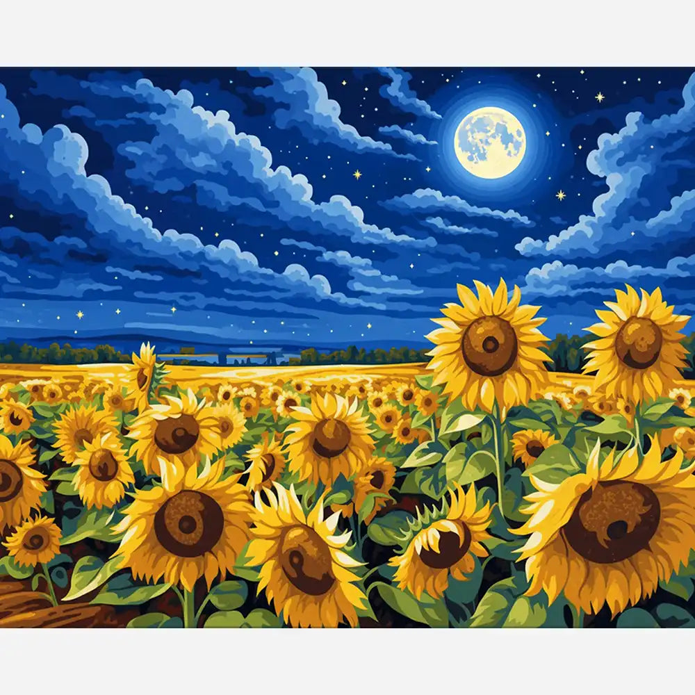 Malen nach Zahlen für Erwachsene: Sonnenblumenfeld unter einem Vollmond-Nachthimmel von Picmondoo