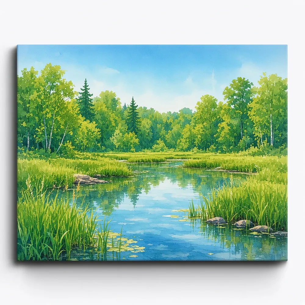 Malen nach Zahlen für Erwachsene: Leuchtende Sommerlandschaft mit Fluss, Schilf und Wald im Aquarell-Stil