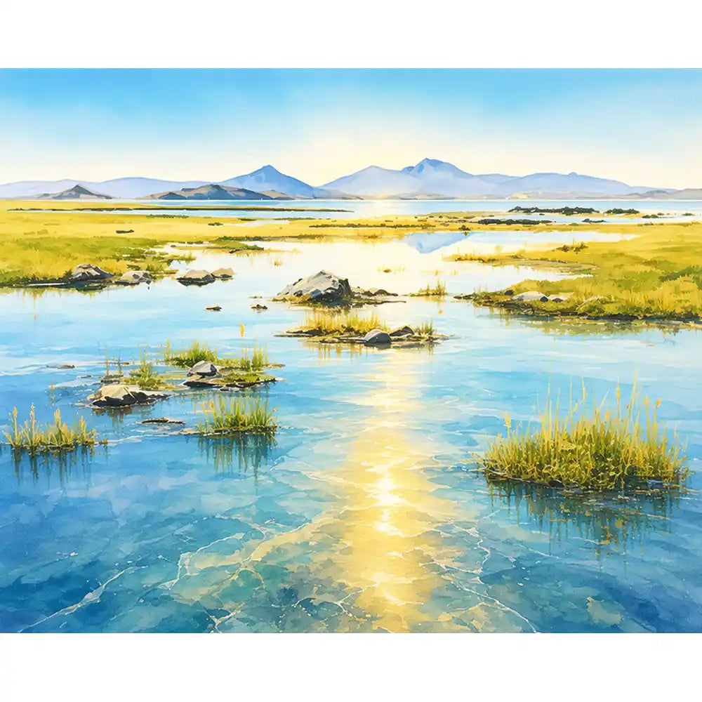 Malen nach Zahlen für Erwachsene: Goldglanz am See mit sonnenbeschienener Naturlandschaft, klarem Wasser und grünen Ufern.