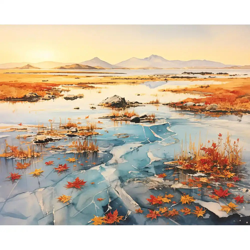 Malen nach Zahlen für Erwachsene: Herbstlicht im Frost mit bunten Ahornblättern auf einer zugefrorenen Seenlandschaft.