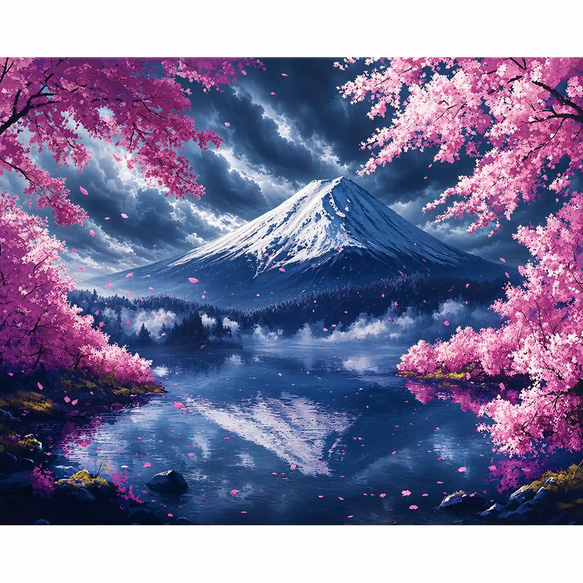 Malen nach Zahlen Erwachsene: Schneebedeckter Fuji umrahmt von rosa Kirschblüten und Bergsee.