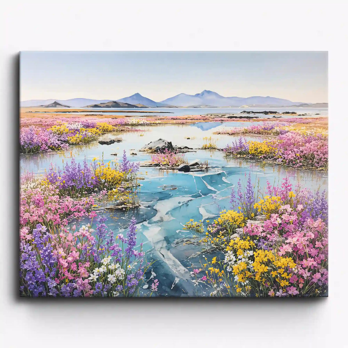 Malen nach Zahlen Erwachsene: Farbenfroher Frühling mit bunten Blumen am Flusslauf und Bergpanorama
