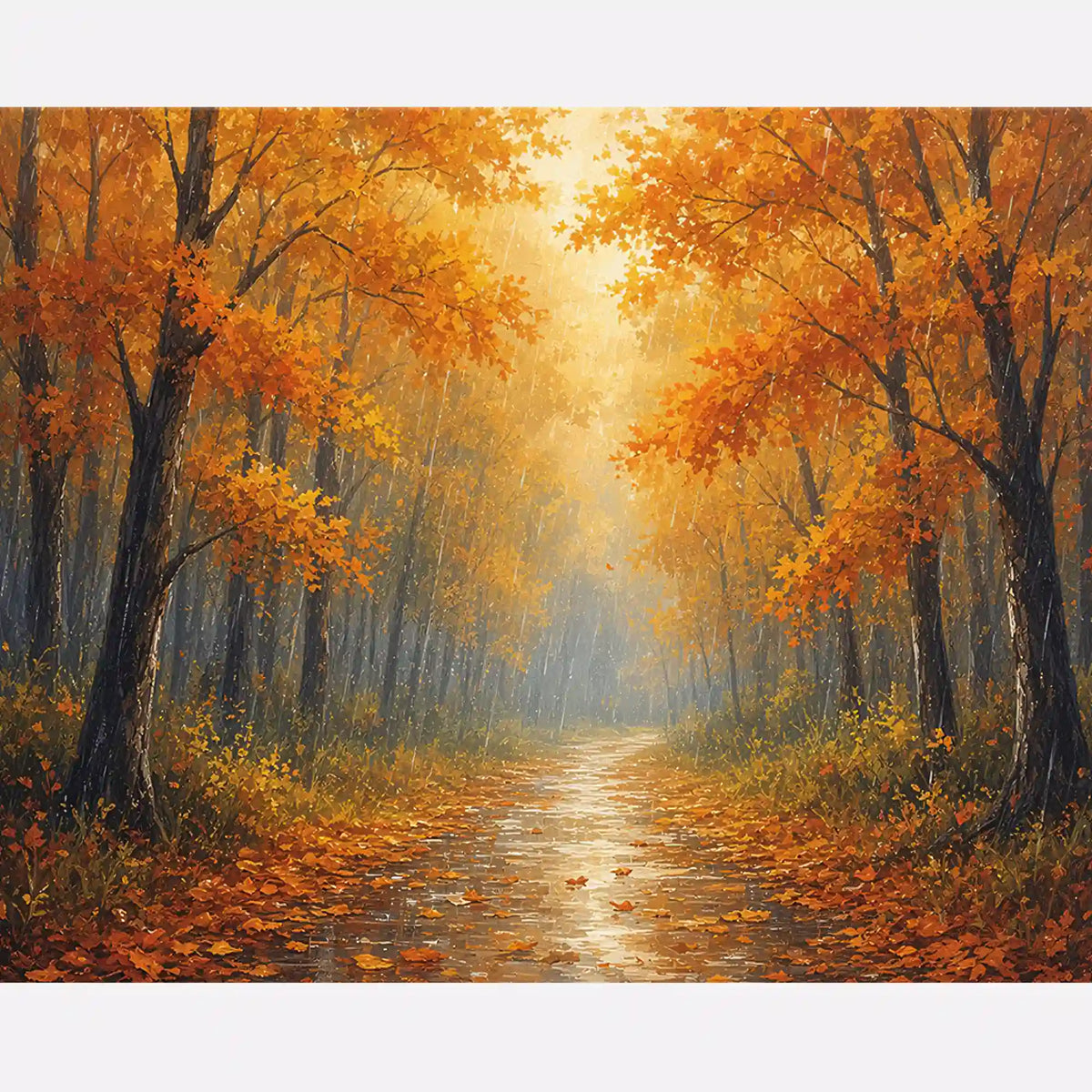 Malen nach Zahlen Erwachsene: Herbstlicher Pfad mit goldenen Bäumen und nassem Waldweg voller Laub