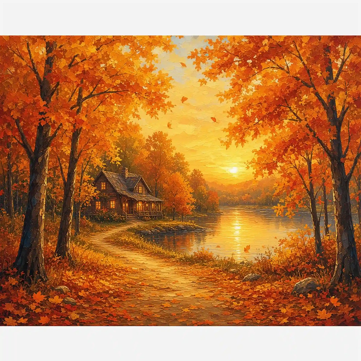 Malen nach Zahlen Erwachsene: Holzhütte am See im goldenen Herbstwald bei warmem Sonnenuntergang.