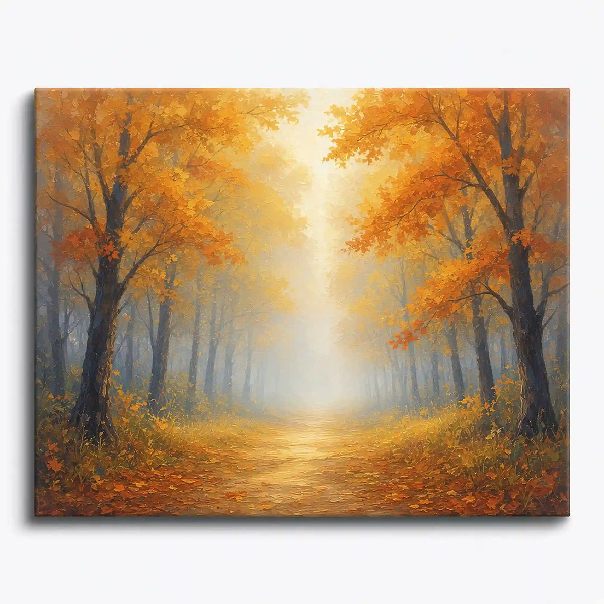 Malen nach Zahlen Erwachsene: Herbstwald mit goldenen Bäumen, sonnendurchflutetem Waldweg und sanftem Nebel.