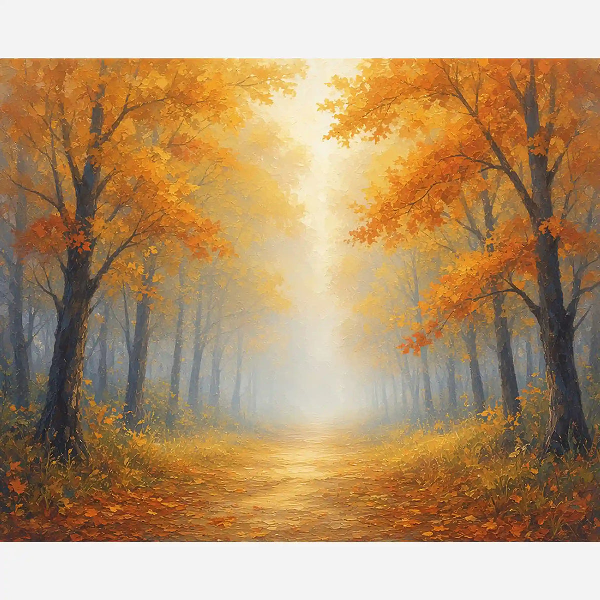 Malen nach Zahlen Erwachsene: Goldener Herbstwald mit sonnendurchflutetem Pfad im sanften Nebel