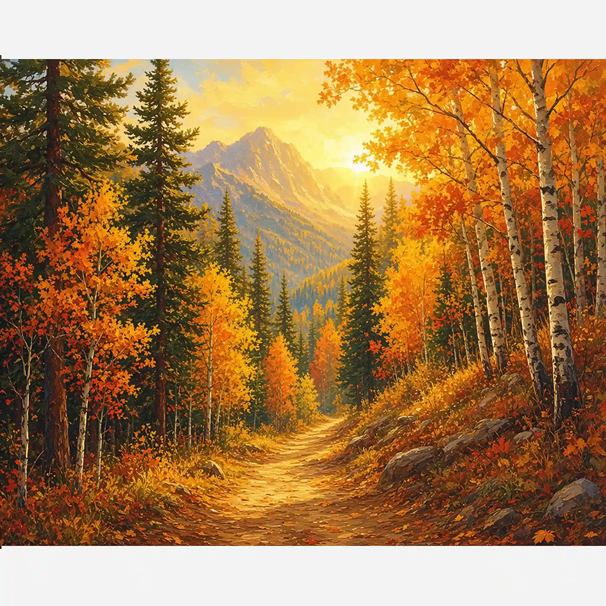 Malen nach Zahlen Erwachsene: Herbstlicher Waldweg mit goldenen Birken, Tannen und Berg im Sonnenlicht.