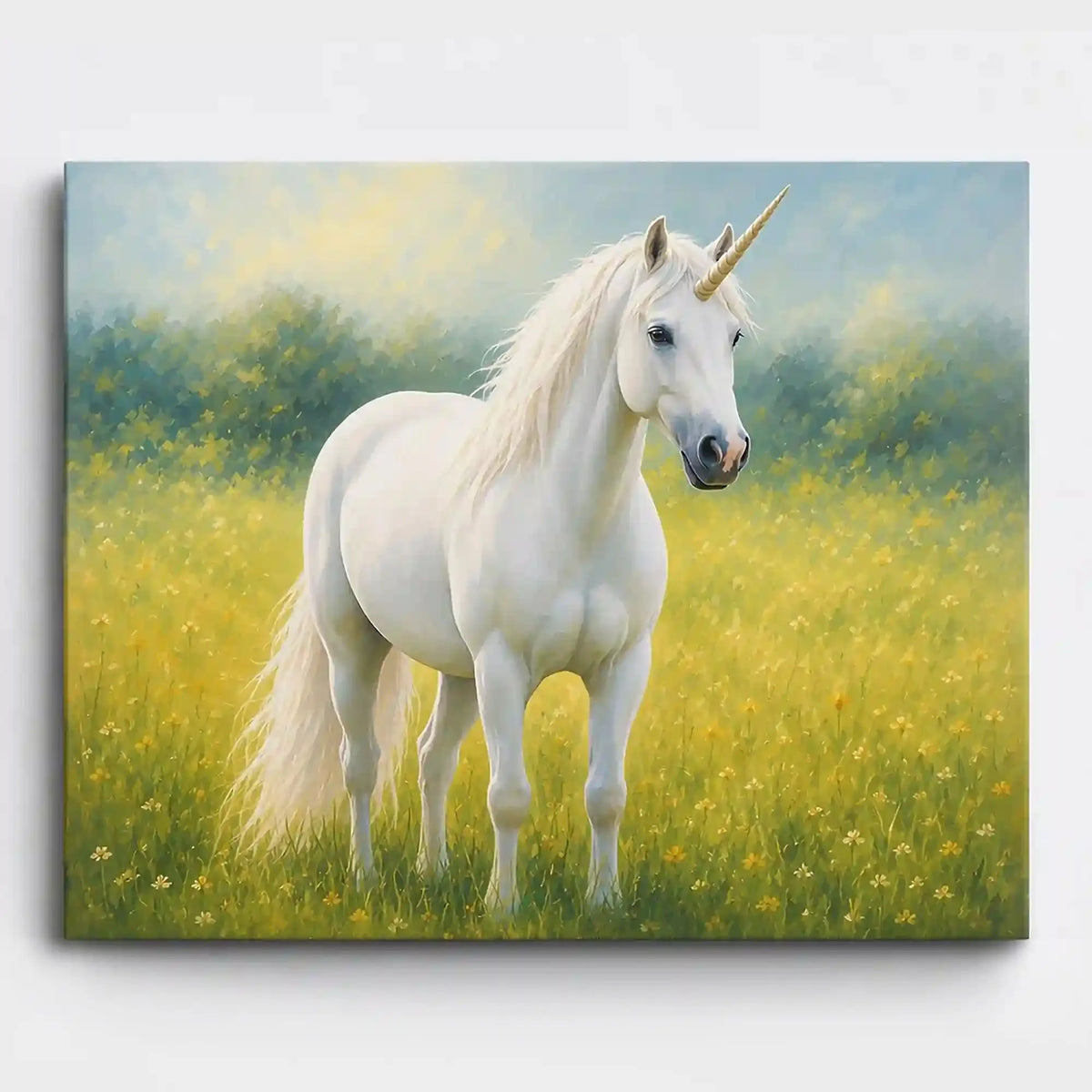 Malen nach Zahlen Erwachsene: Weißes Einhorn auf einer sonnigen Blumenwiese als Leinwandbild.