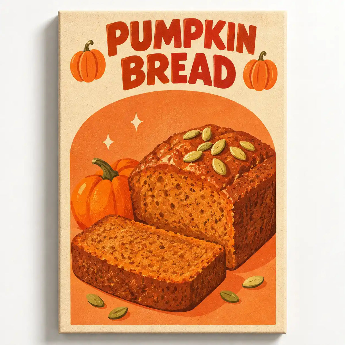 Malen nach Zahlen Pumpkin Bread: angeschnittenes Kürbisbrot mit Kürbiskernen und orangen Kürbissen in Herbstfarben