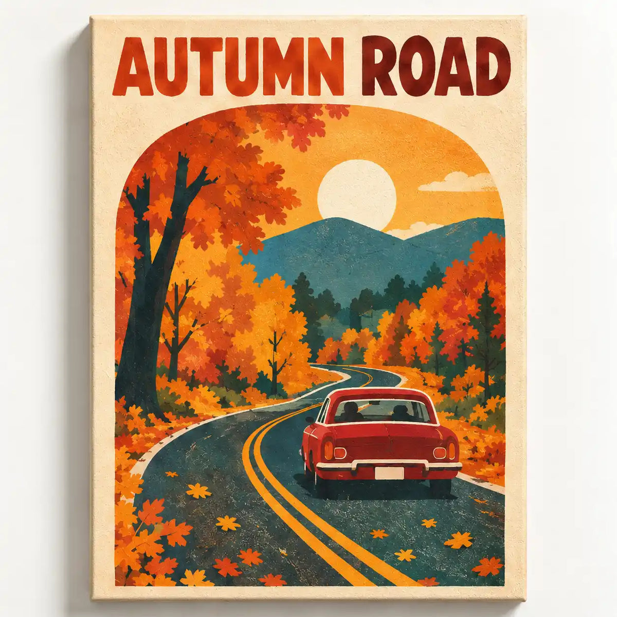 Malen nach Zahlen Autumn Road: roter Oldtimer auf kurviger Straße durch Herbstwald mit Bergen und Sonnenuntergang