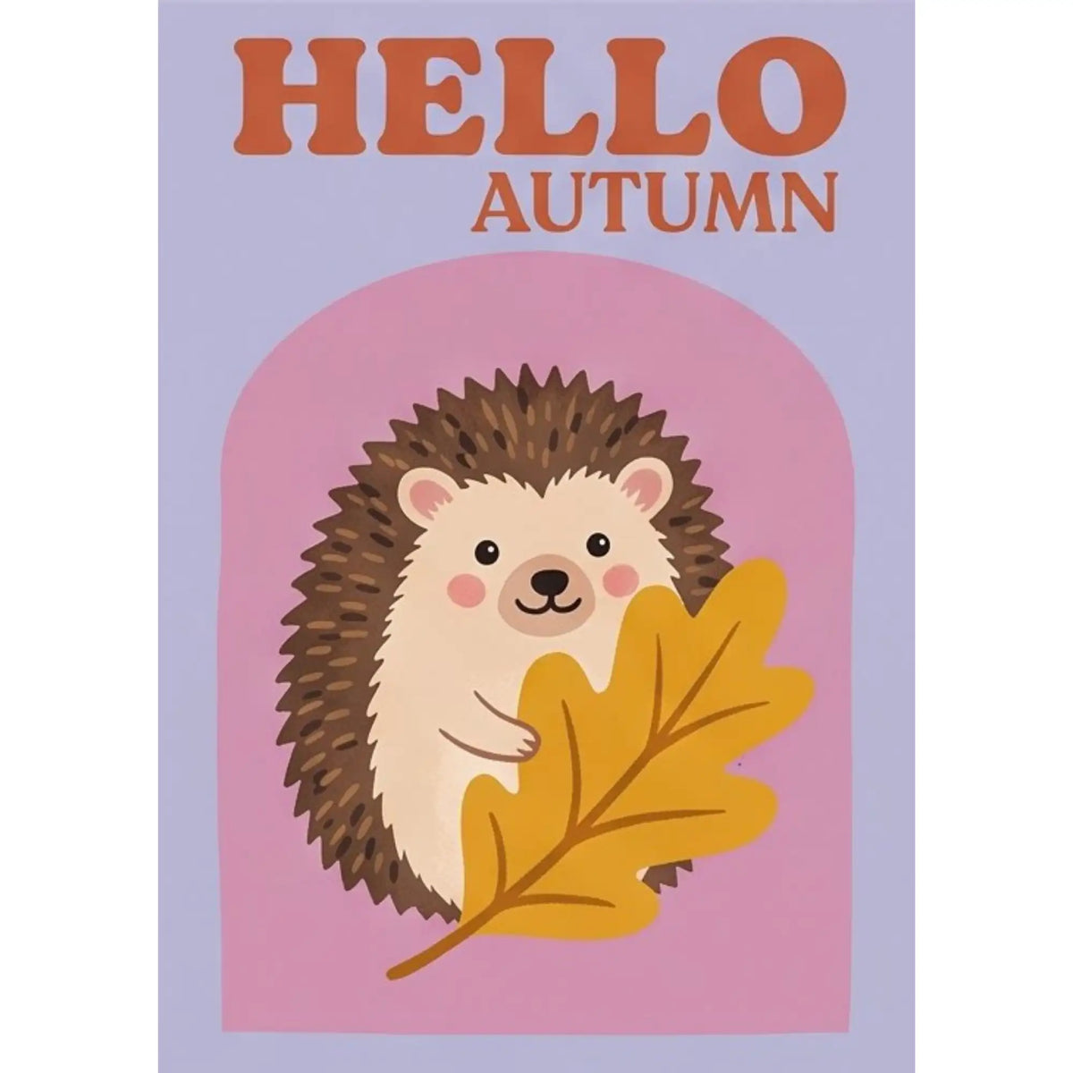 Malen nach Zahlen Hello Autumn: niedlicher Igel mit goldenem Herbstblatt vor rosa Bogen auf fliederfarbenem Hintergrund