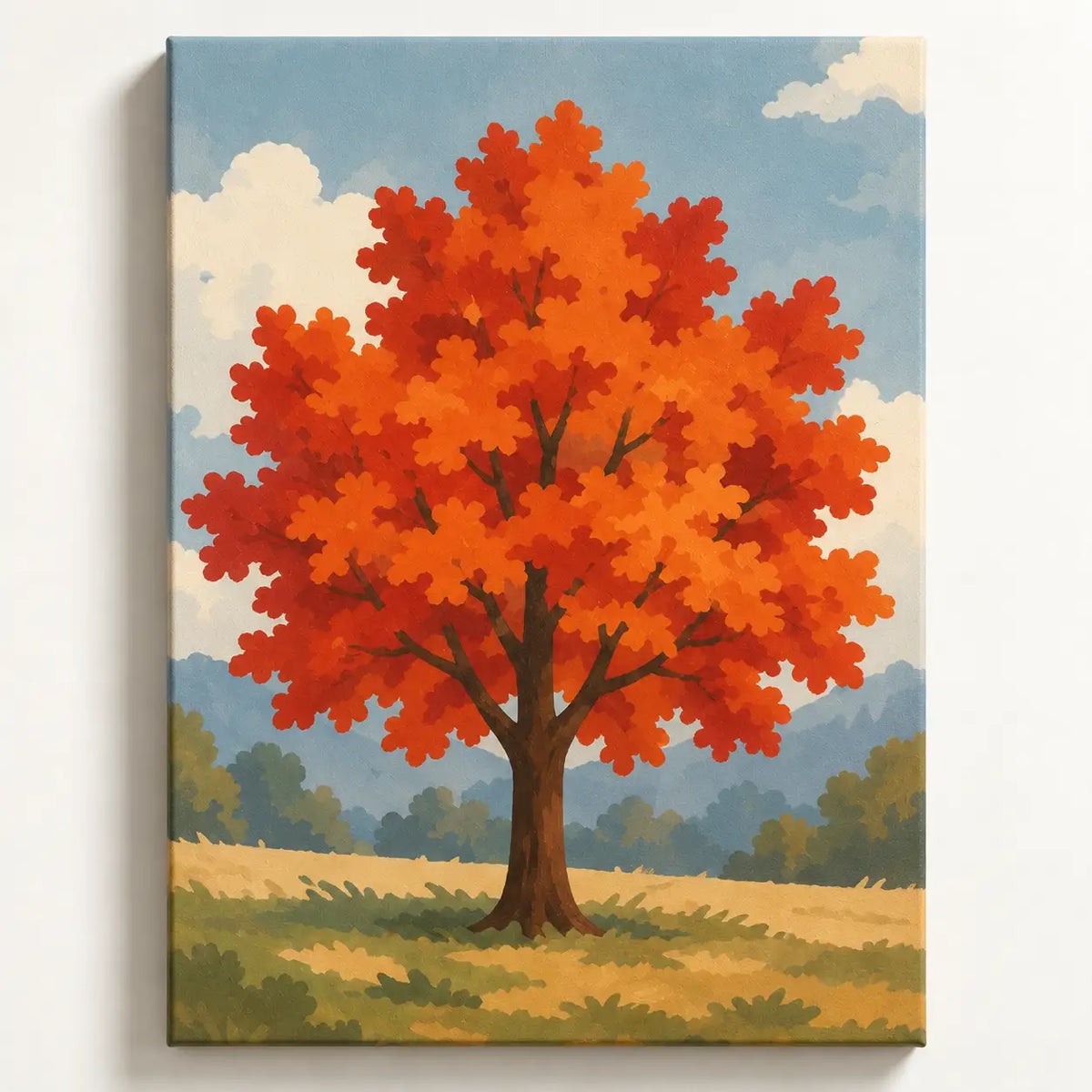 Malen nach Zahlen Erwachsene: Herbstbaum mit feuerroter Krone auf goldener Wiese vor blauen Bergen und Wolkenhimmel