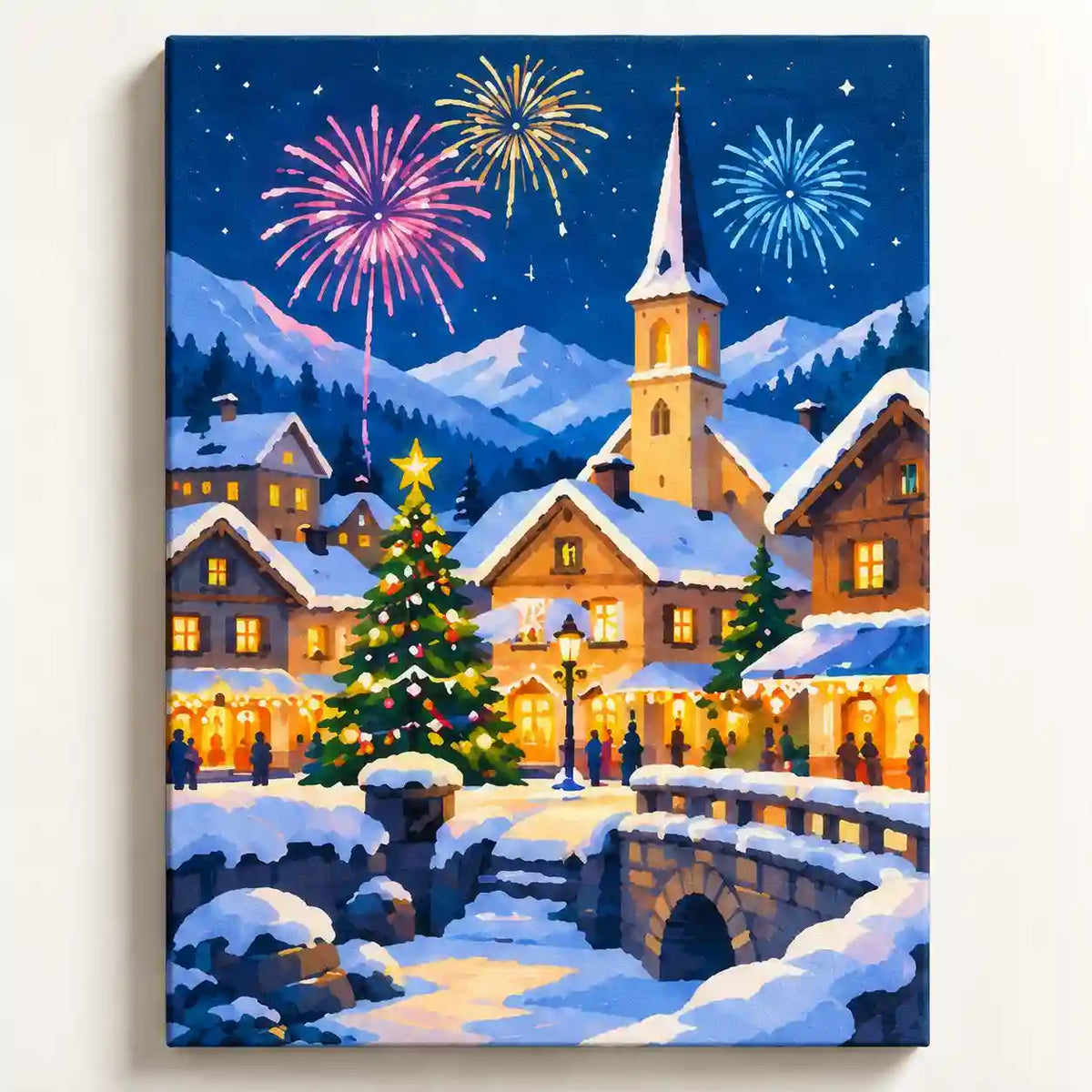 Malen nach Zahlen Erwachsene: Verschneites Dorf mit Weihnachtsbaum, Kirche und buntem Feuerwerk am Sternenhimmel